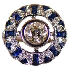 Antique 1.38ct Old Euro Diamond Art Deco Inspired Bezel Set Ring Sapphire & Diamond Halo