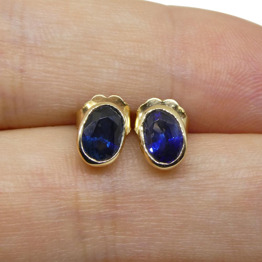 1.38ct Oval Blue Sapphire Stud Earrings set in 14k Yellow Gold For Sale 7