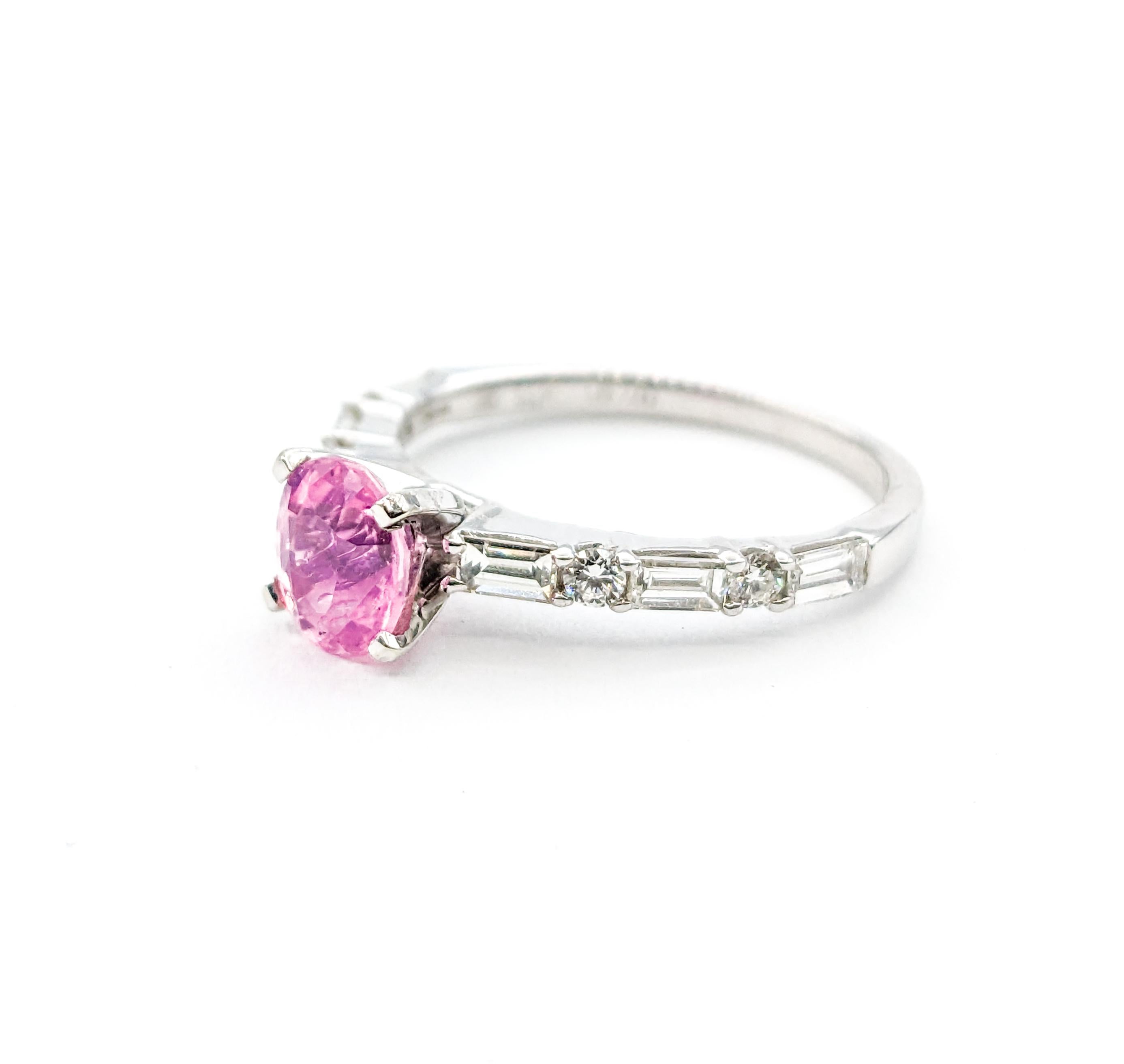 1.38ct Pink Sapphire & .62ctw Diamond Ring In White Gold

Introducing this lovely Pink Sapphire Ring, exquisitely crafted in 14k white gold. This ring celebrates a a striking 1.38ct pink sapphire with a bright saturated color. The band features
