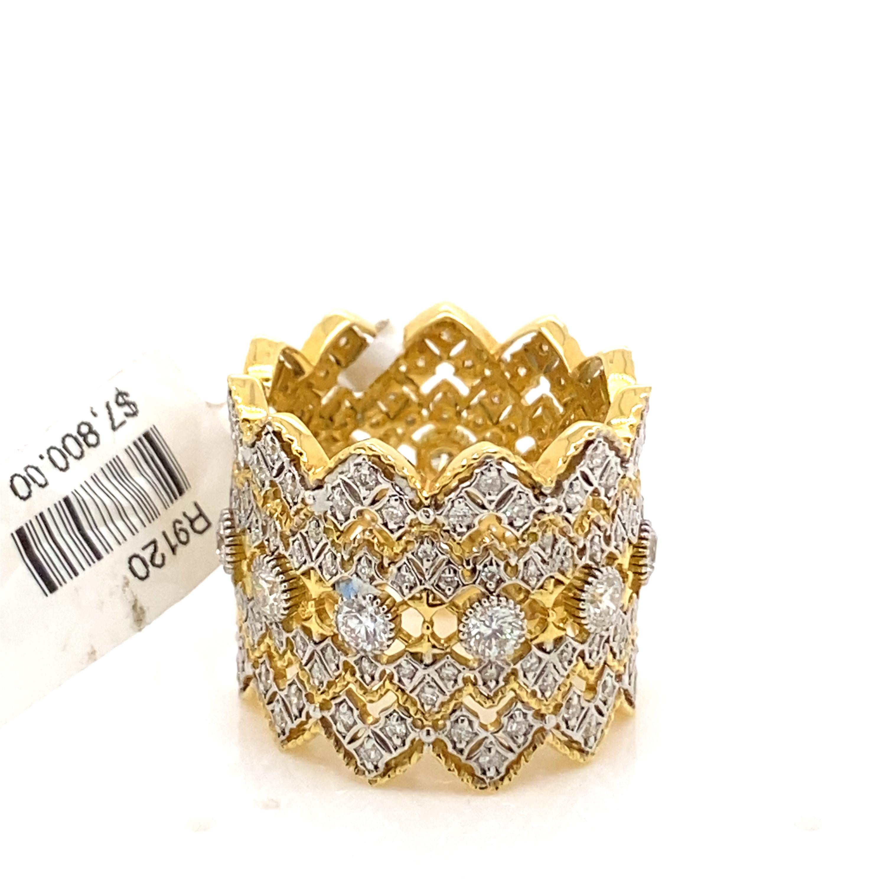 Beautiful Victorian style hand made two-tone gold with diamonds ring.
165 round diamonds 1.38ct, approximately G/H color and SI clarity. 18-karat yellow and white gold with beautiful milgrain work. Size 6.
Accommodated with an up to date appraisal