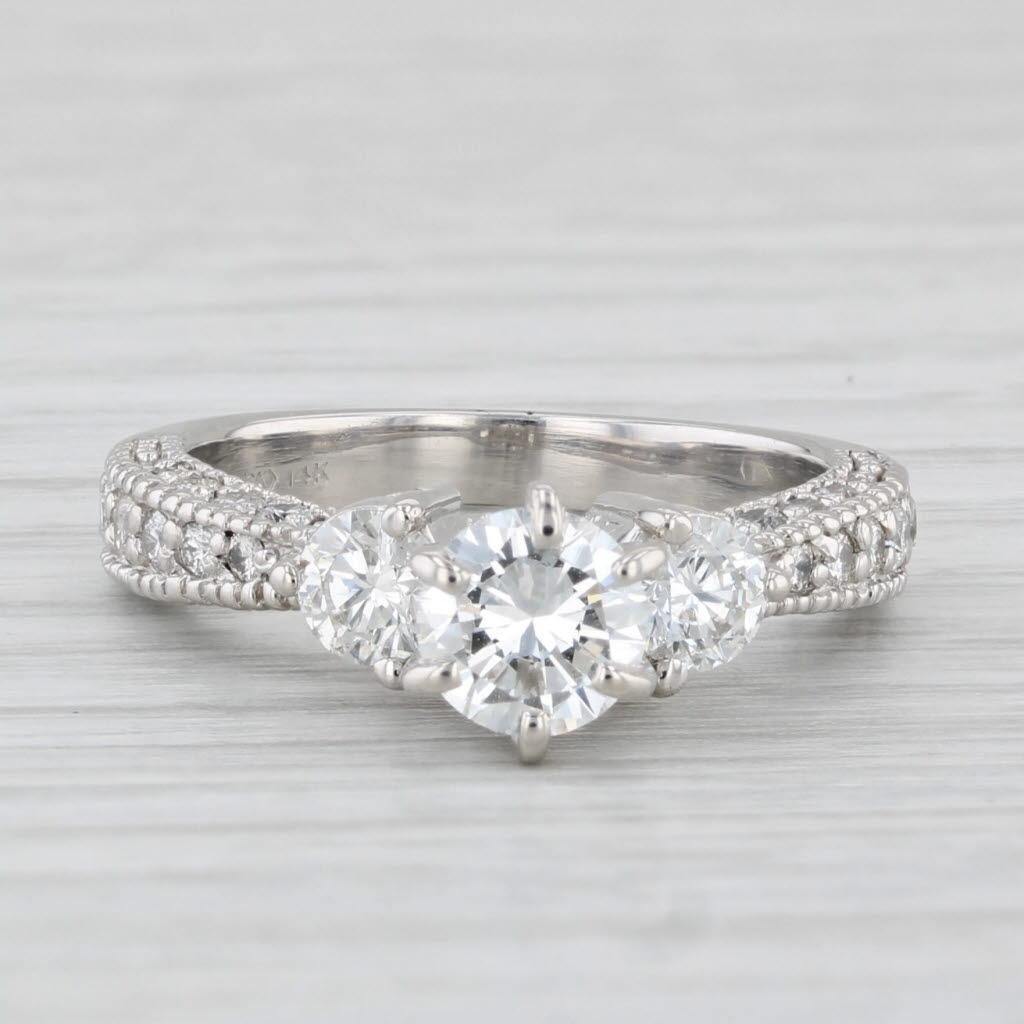 Round Cut 1.38ctw Round Diamond Engagement Ring 14k White Gold Size 5.5 3-Stone For Sale