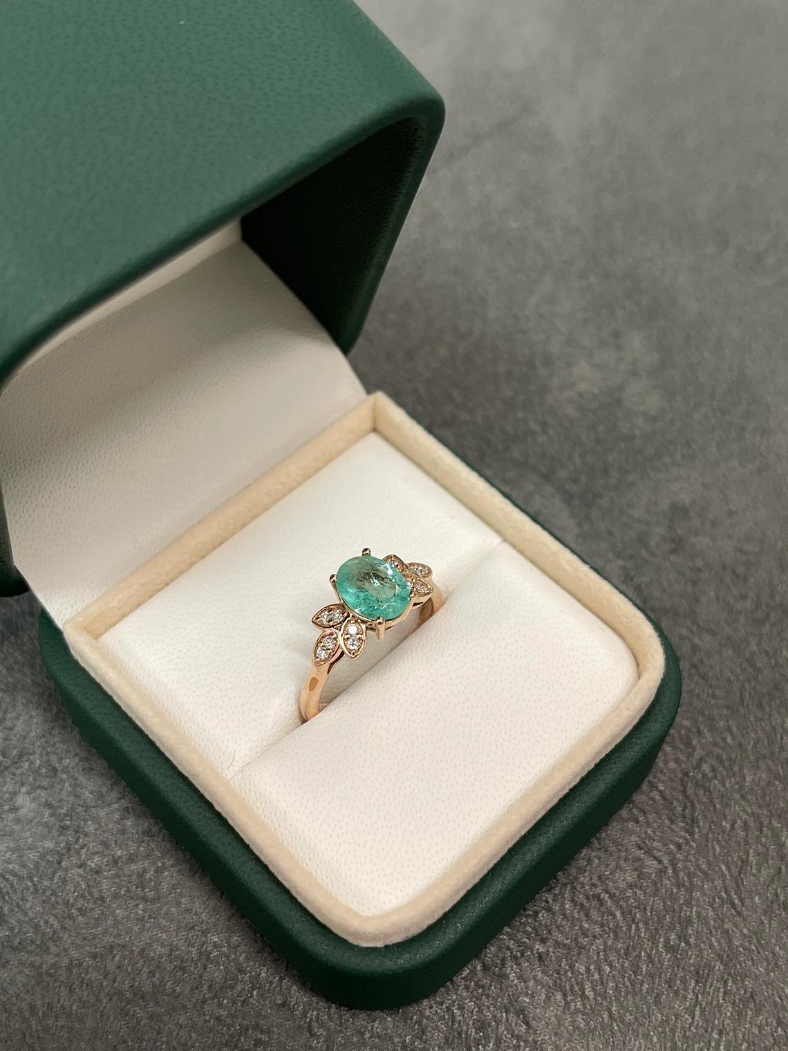 1.38tcw 14K Colombian Emerald-Oval Cut & Brilliant Round Diamond Floral Ring In New Condition For Sale In Jupiter, FL