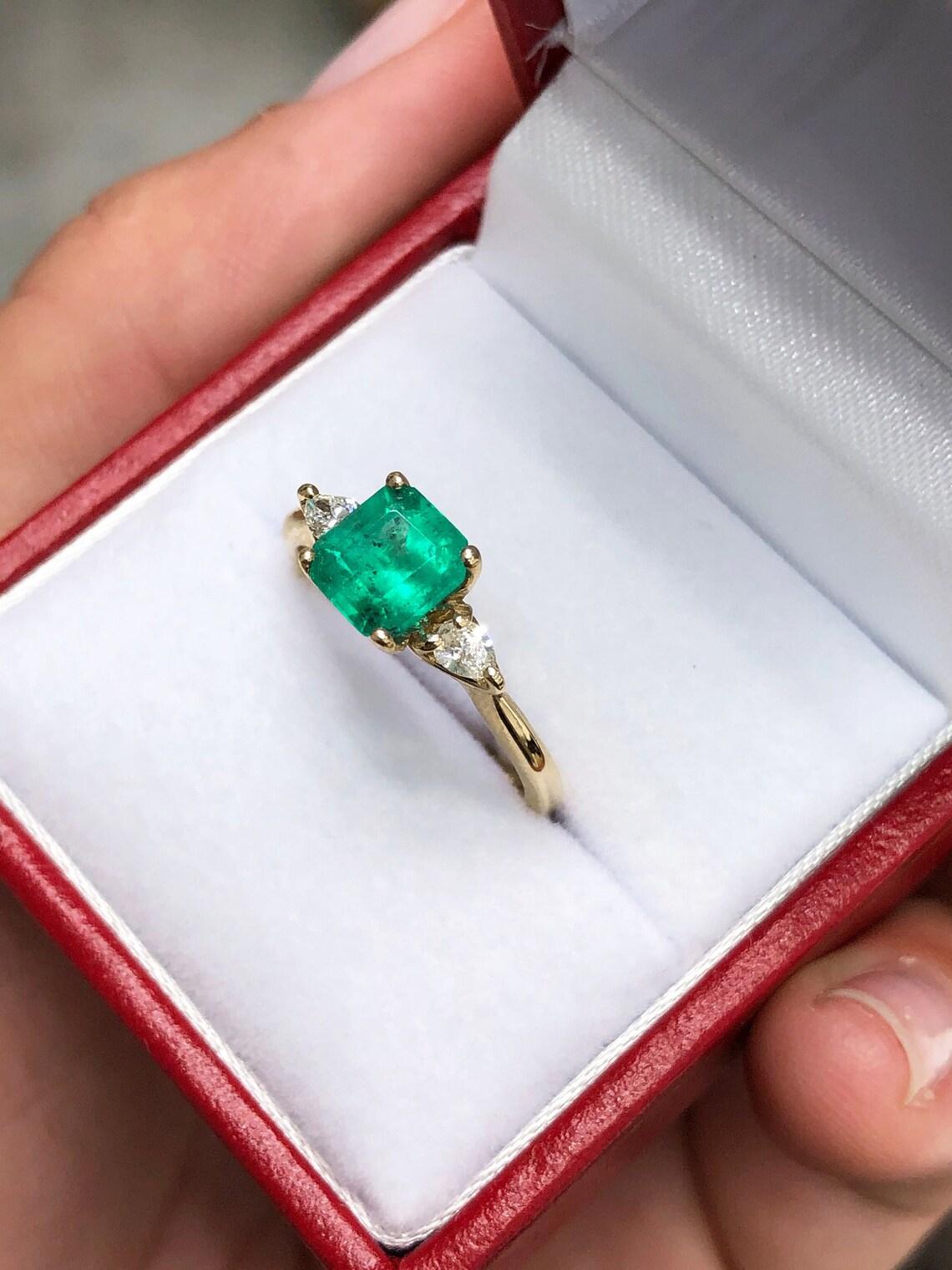 Women's 1.38tcw 14K Three Stone Colombian Emerald-Emerald Cut & Diamond Ring For Sale
