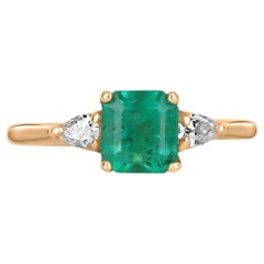 1.38tcw 14K Three Stone Colombian Emerald-Emerald Cut & Diamond Ring
