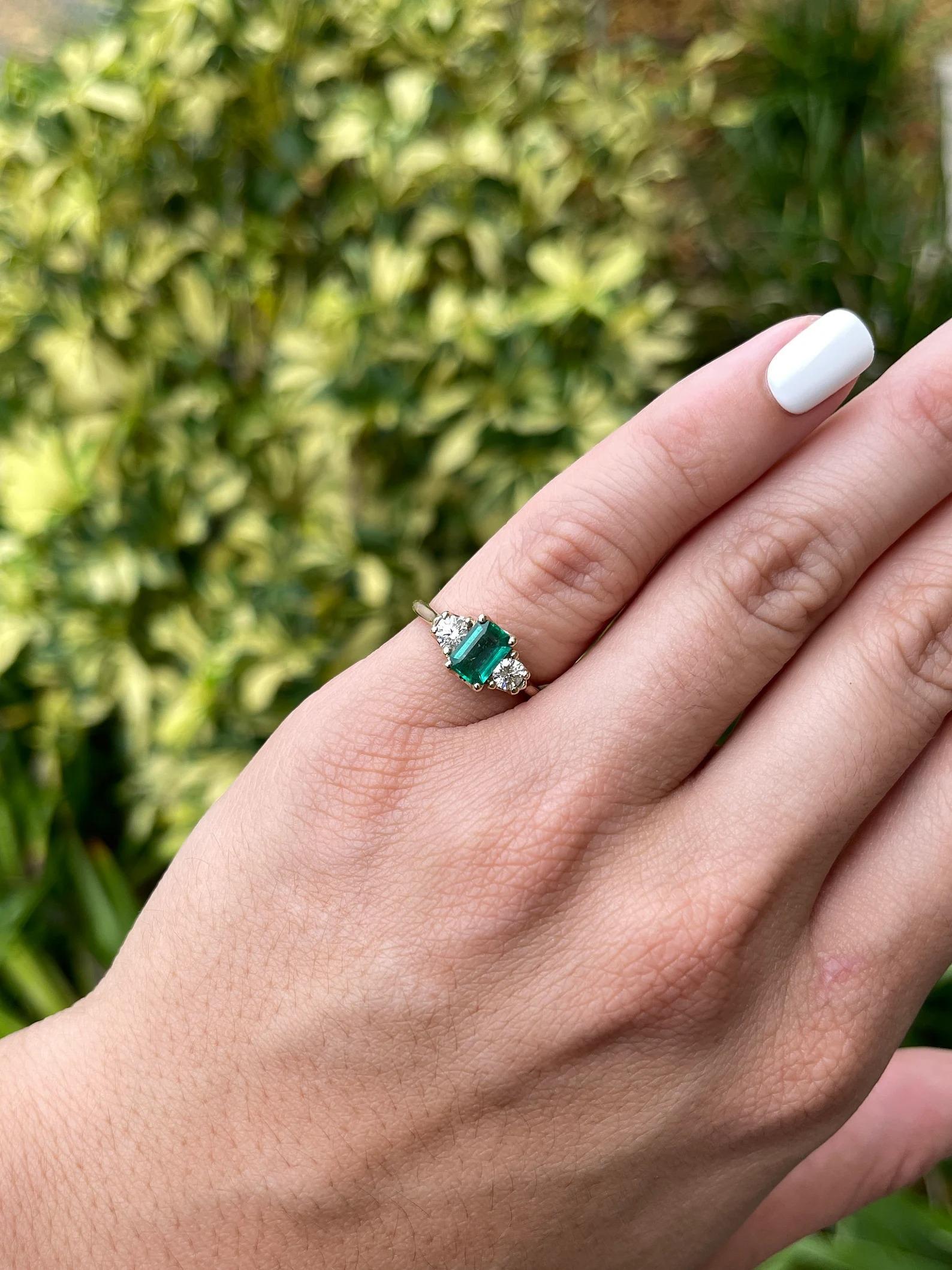 Modern 1.38tcw Zambian Emerald-Emerald Cut & Brilliant Cut Diamond Three Stone Ring 14K For Sale
