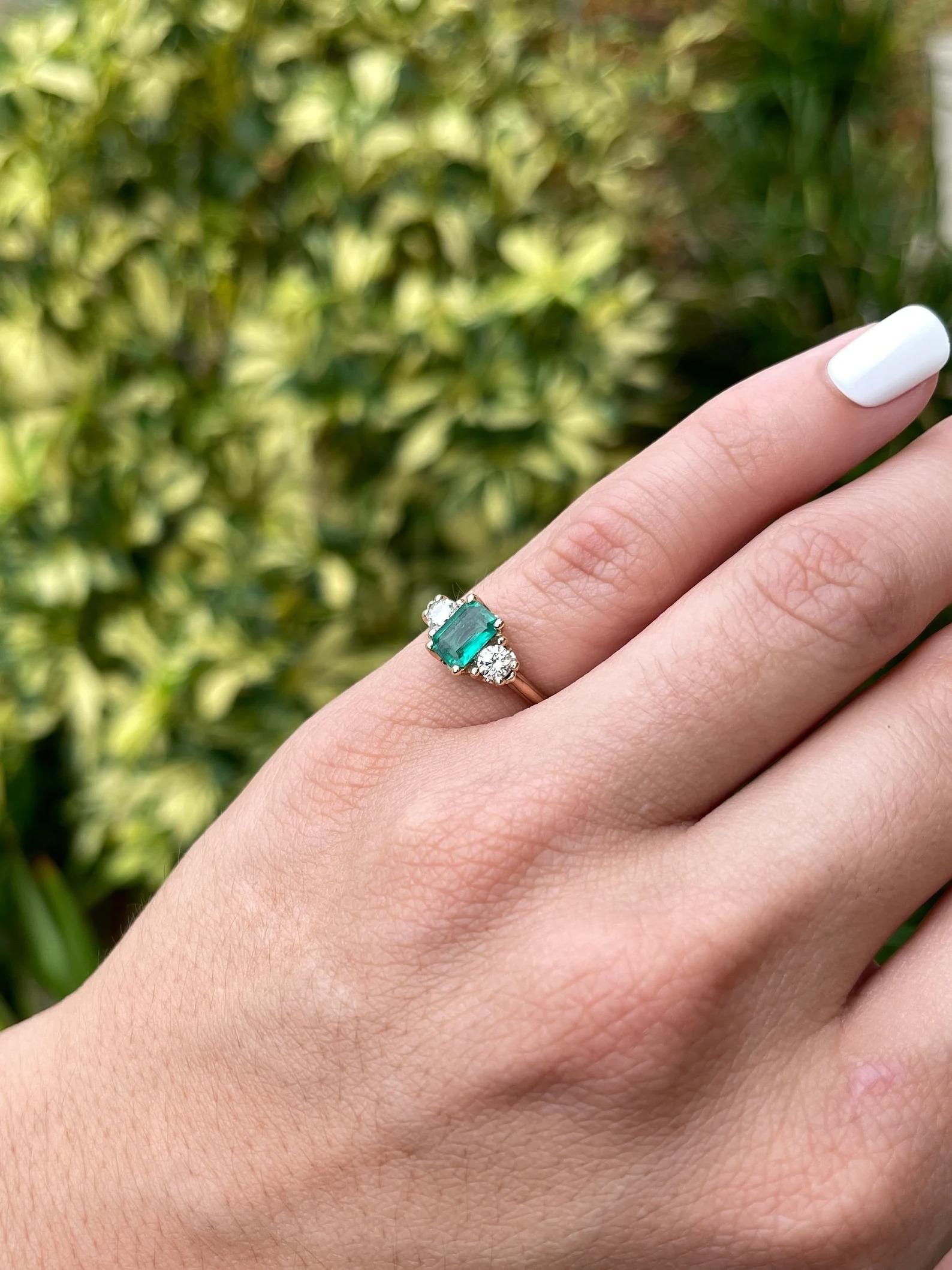 1.38tcw Zambian Emerald-Emerald Cut & Brilliant Cut Diamond Three Stone Ring 14K In New Condition For Sale In Jupiter, FL