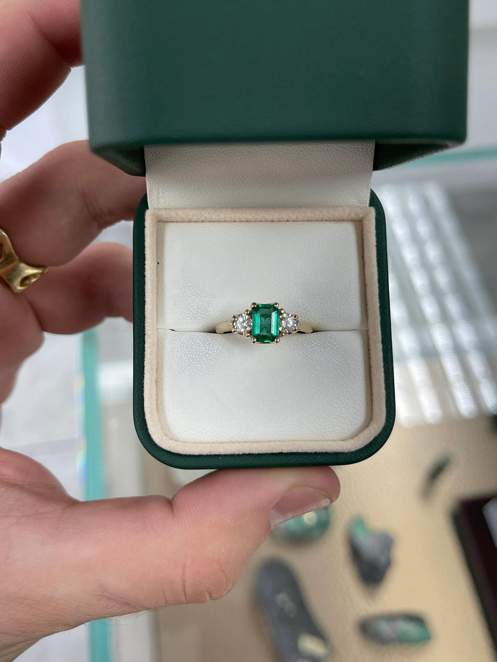 1.38tcw Zambian Emerald-Emerald Cut & Brilliant Cut Diamond Three Stone Ring 14K For Sale 1