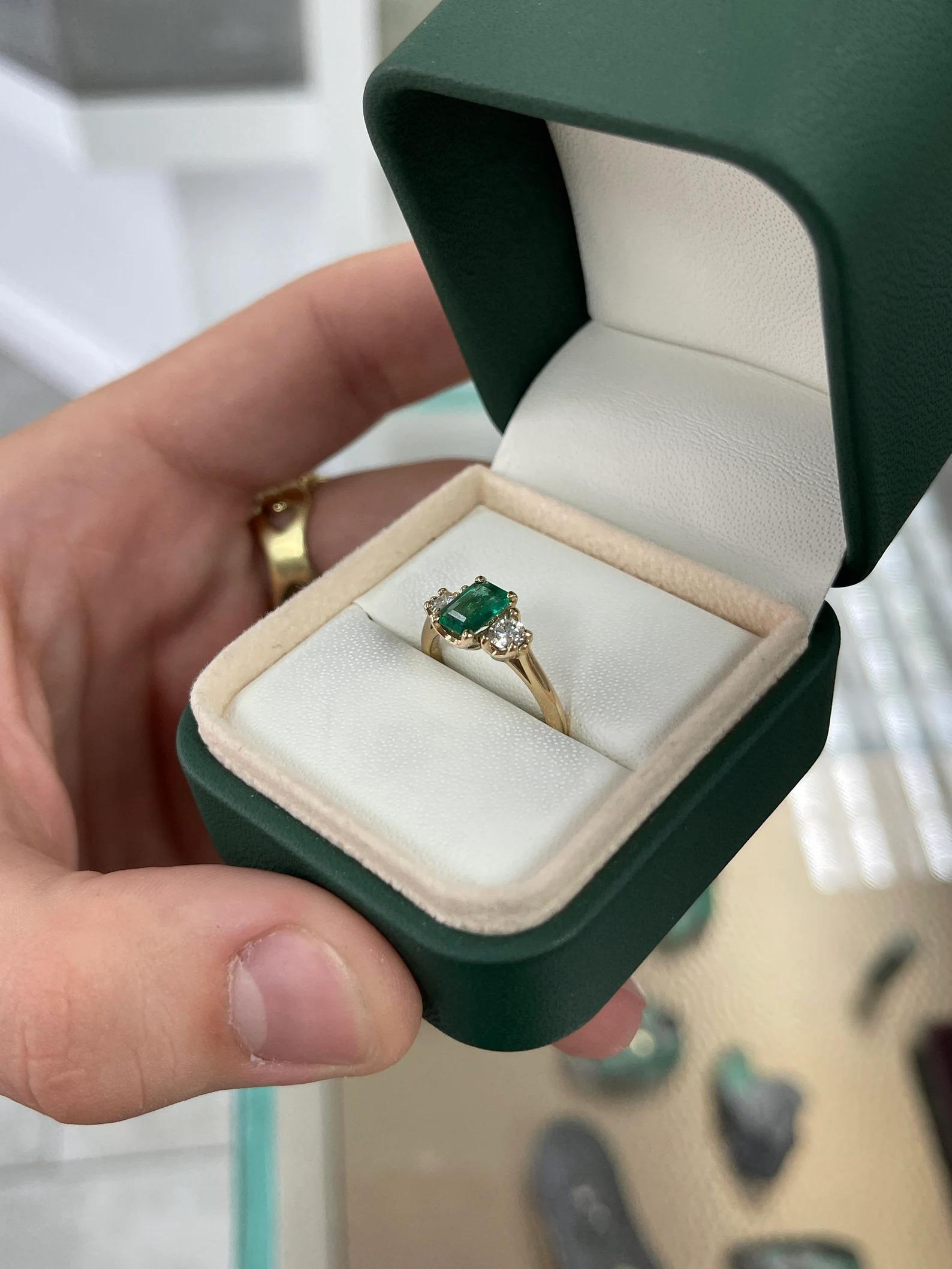 1.38tcw Zambian Emerald-Emerald Cut & Brilliant Cut Diamond Three Stone Ring 14K For Sale 2
