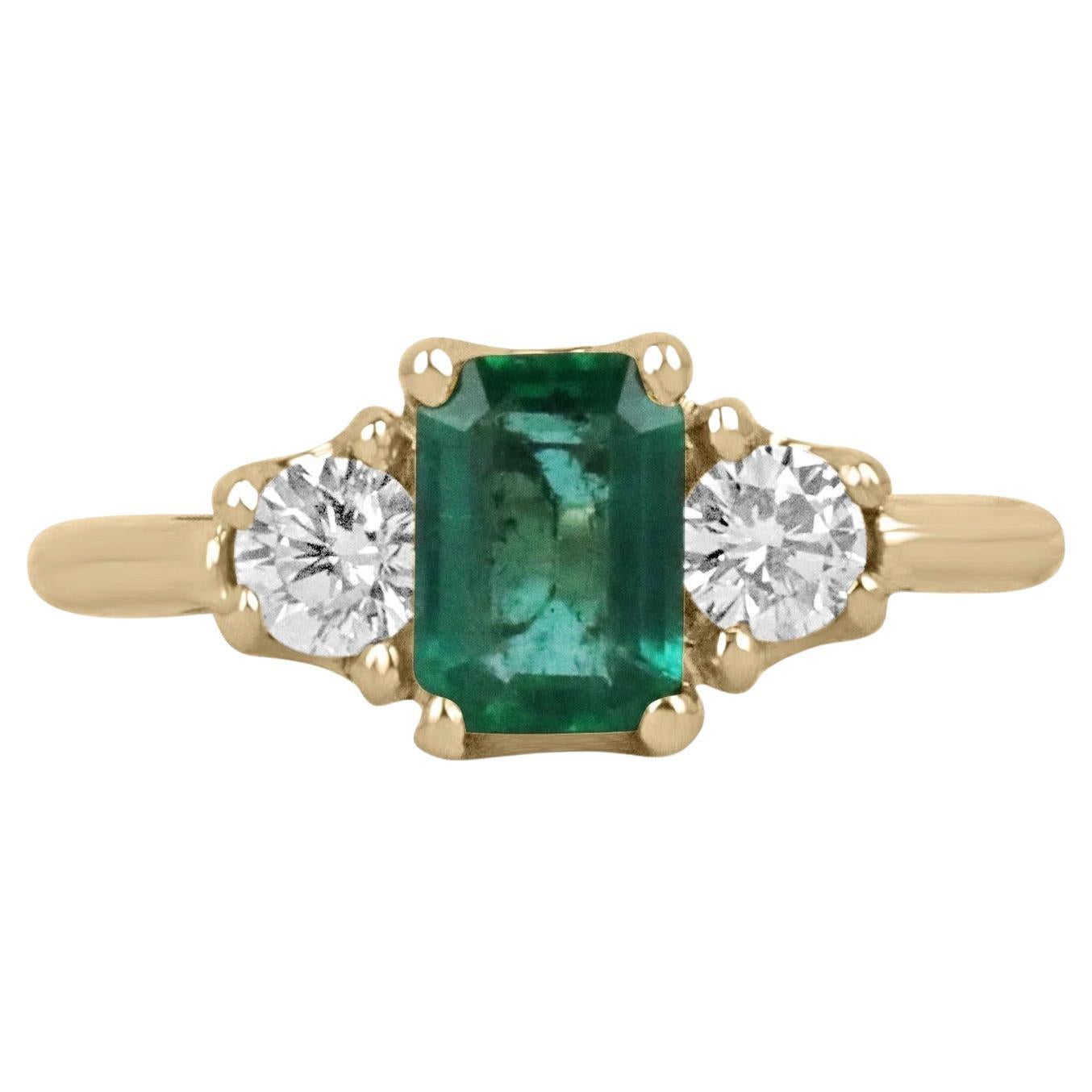 1.38tcw Zambian Emerald-Emerald Cut & Brilliant Cut Diamond Three Stone Ring 14K For Sale