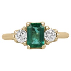 1.38tcw Zambian Emerald-Emerald Cut & Brilliant Cut Diamond Three Stone Ring 14K