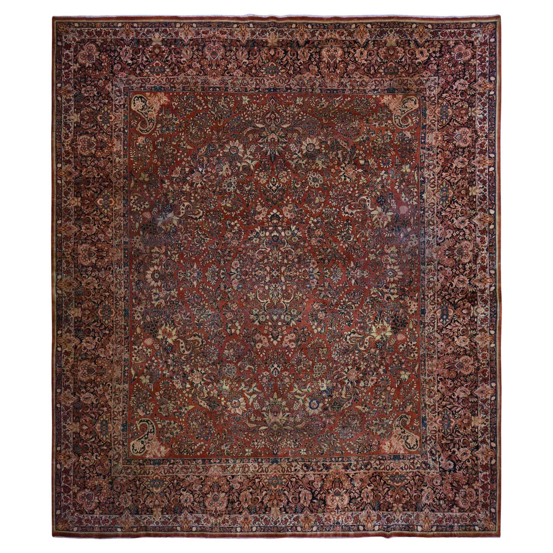 13'8 "x15'10" Antiquité Persane Sarouk Cinnamon Red All Wool Hand Knots Rugs 1930s