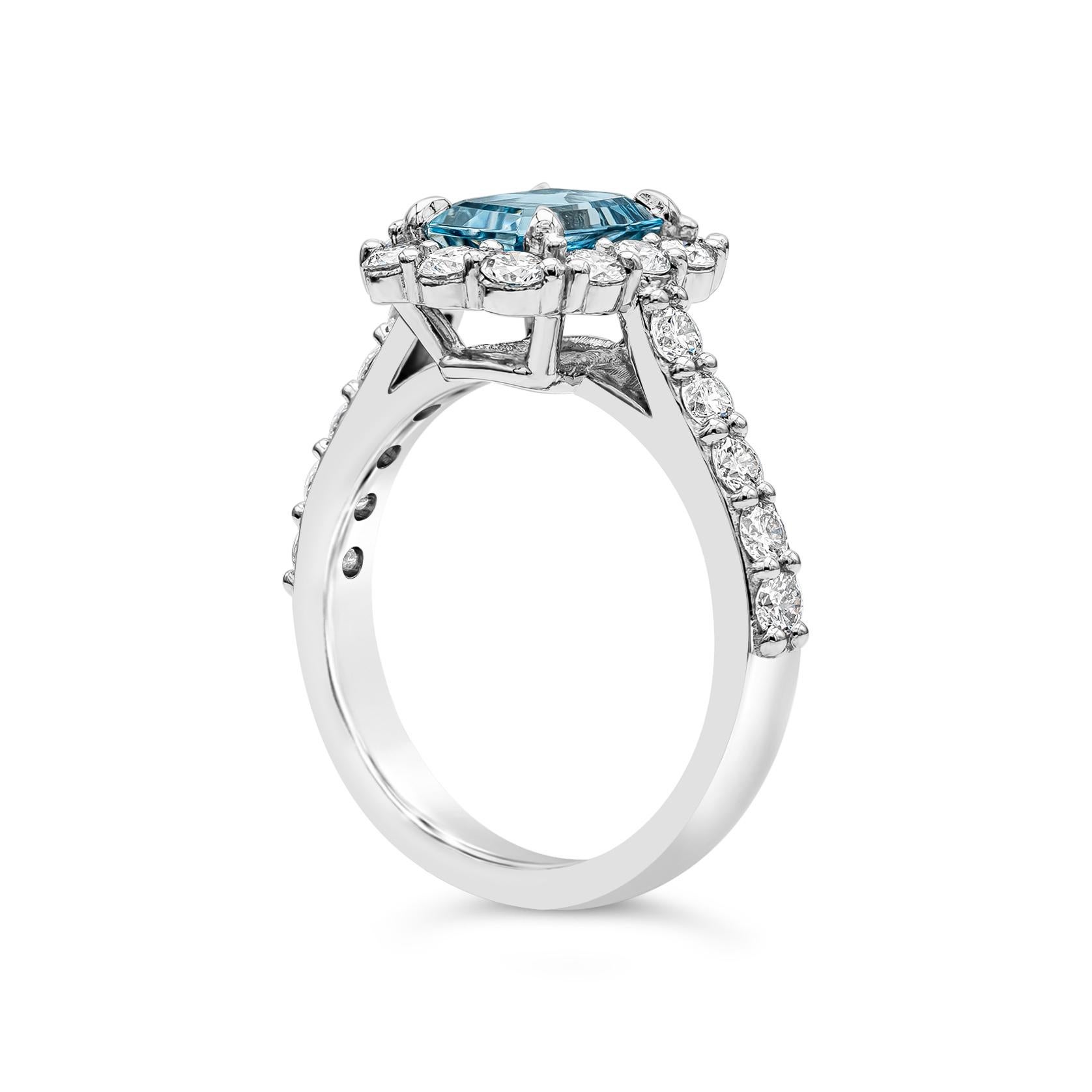 Contemporary 1.39 Carat Aquamarine and Diamond Halo Engagement Ring in Platinum