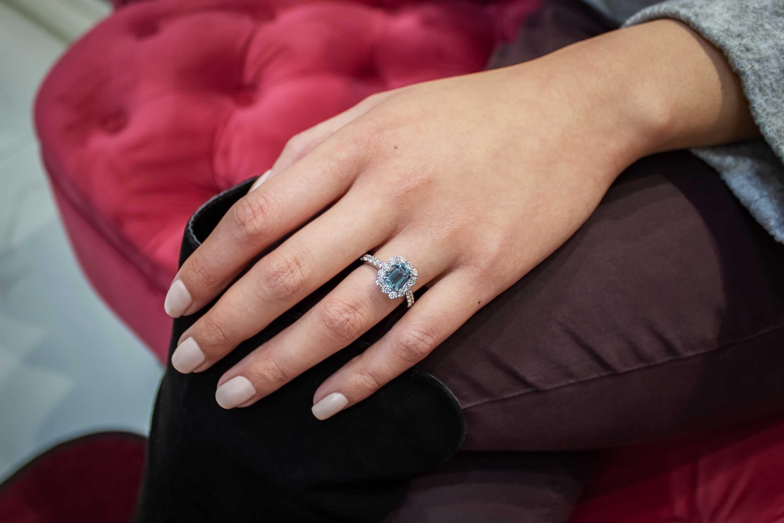 Emerald Cut 1.39 Carat Aquamarine and Diamond Halo Engagement Ring in Platinum
