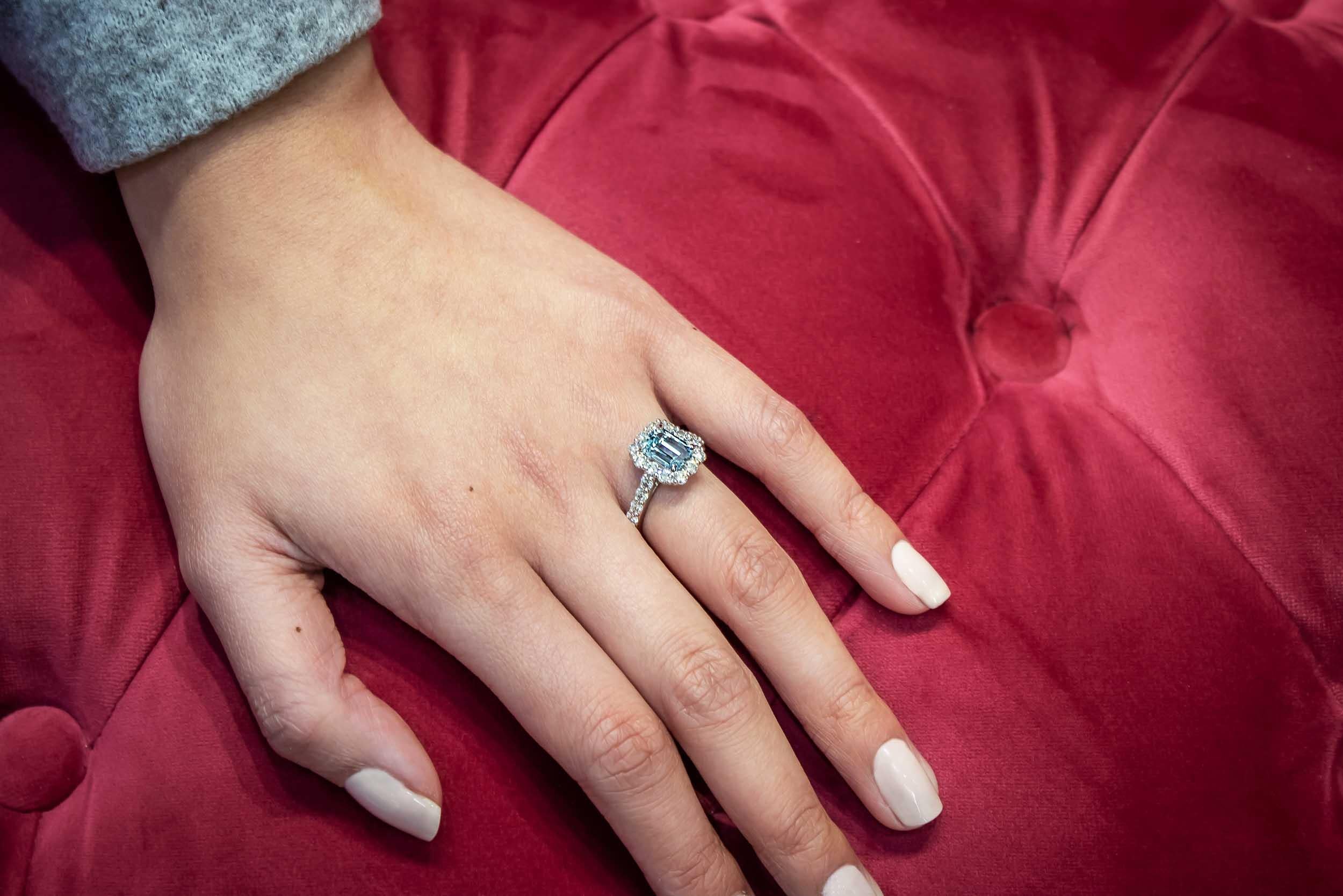 1.39 Carat Aquamarine and Diamond Halo Engagement Ring in Platinum In New Condition In New York, NY