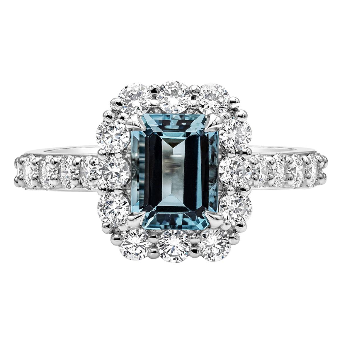 1.39 Carat Aquamarine and Diamond Halo Engagement Ring in Platinum