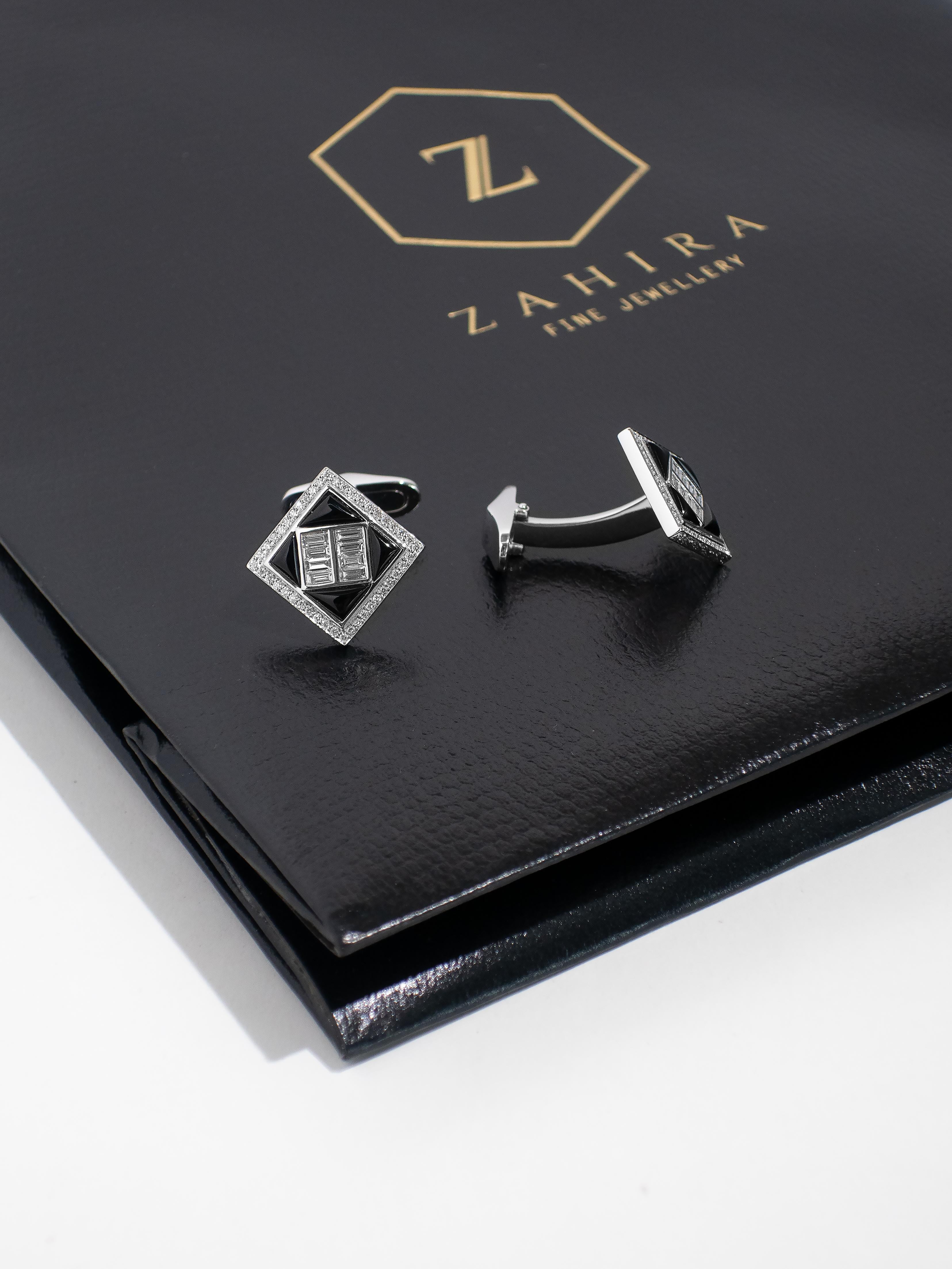 1,39 Karat Schwarzer Onyx und 1,14 Karat Diamant Baguette-Manschettenknöpfe im Angebot 1