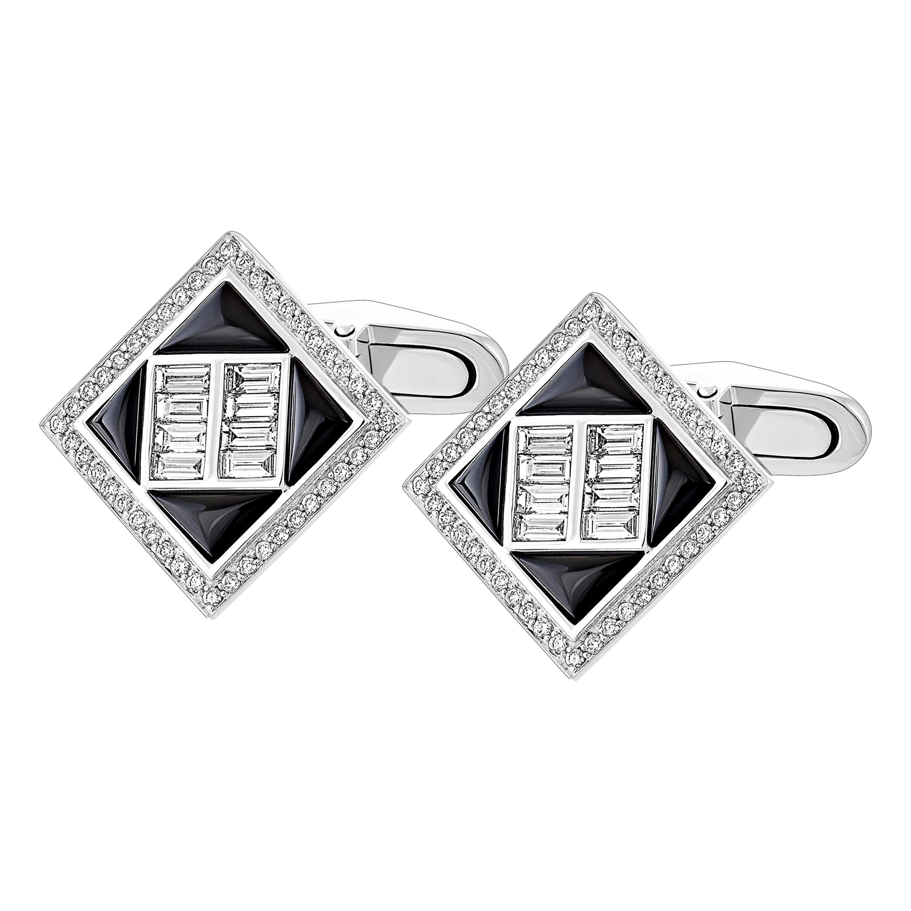 Boutons de manchette en onyx noir de 1,39 carat et diamant baguette de 1,14 carat