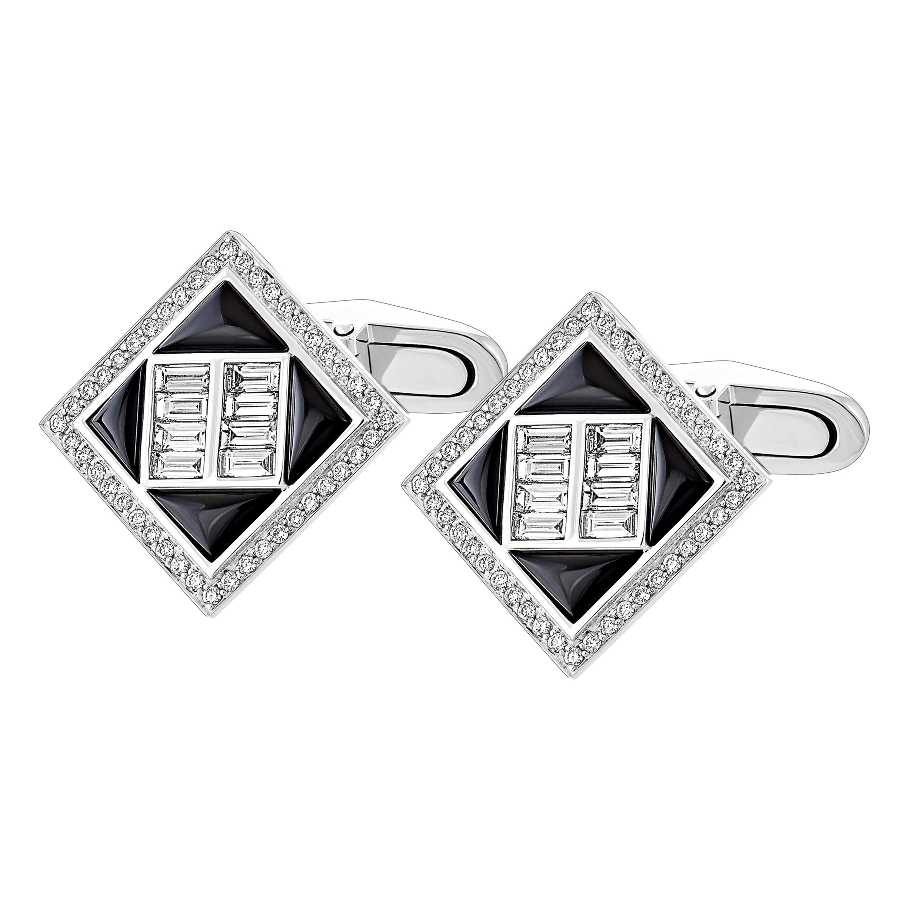 1.39 Carat Black Onyx and 1.14 Carat Diamond Baguette Cufflinks For Sale