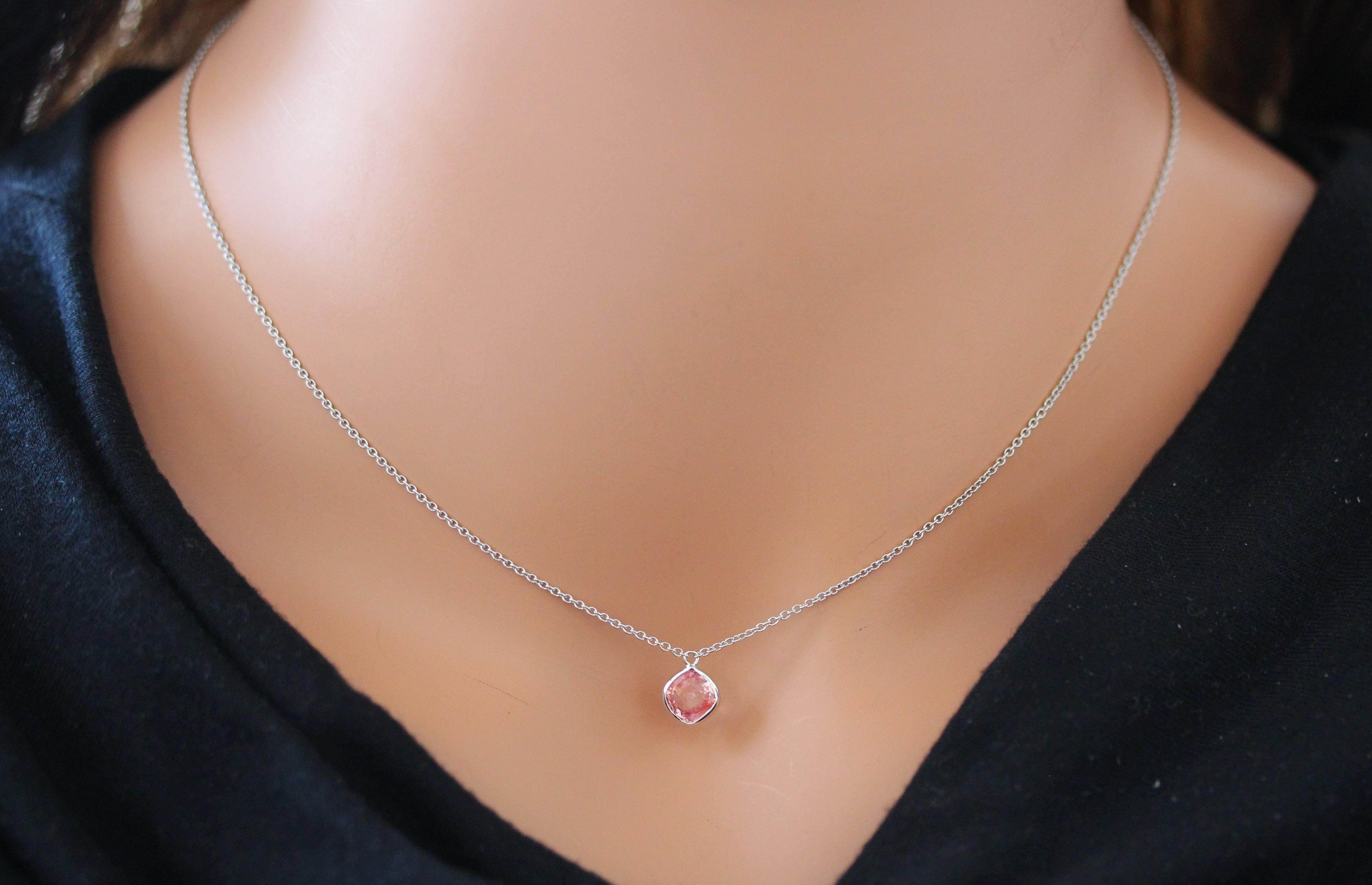 Contemporary 1.39 Carat Cushion Padparadschah Pink Fashion Necklaces In 14k White Gold For Sale