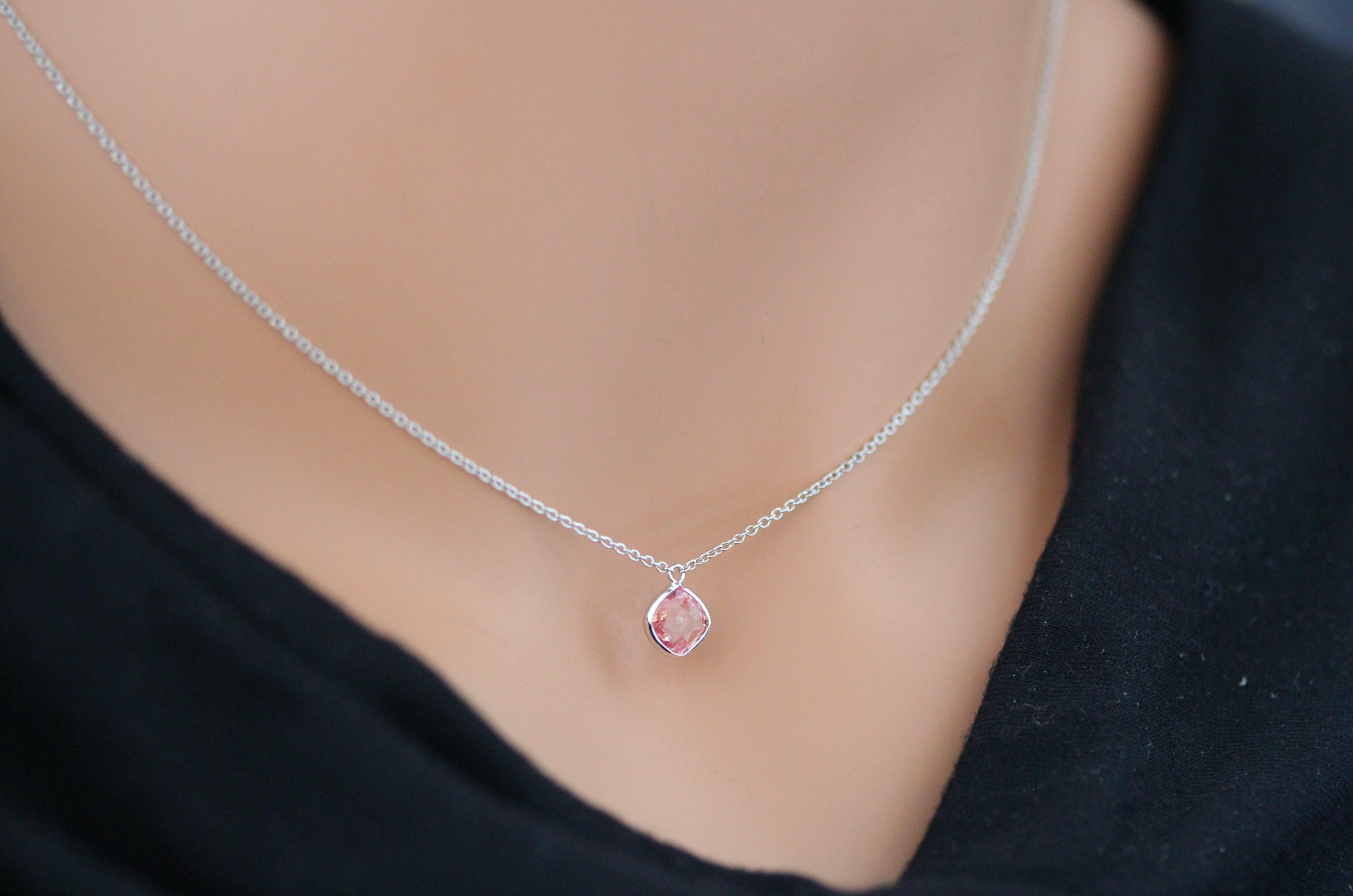 Cushion Cut 1.39 Carat Cushion Padparadschah Pink Fashion Necklaces In 14k White Gold For Sale