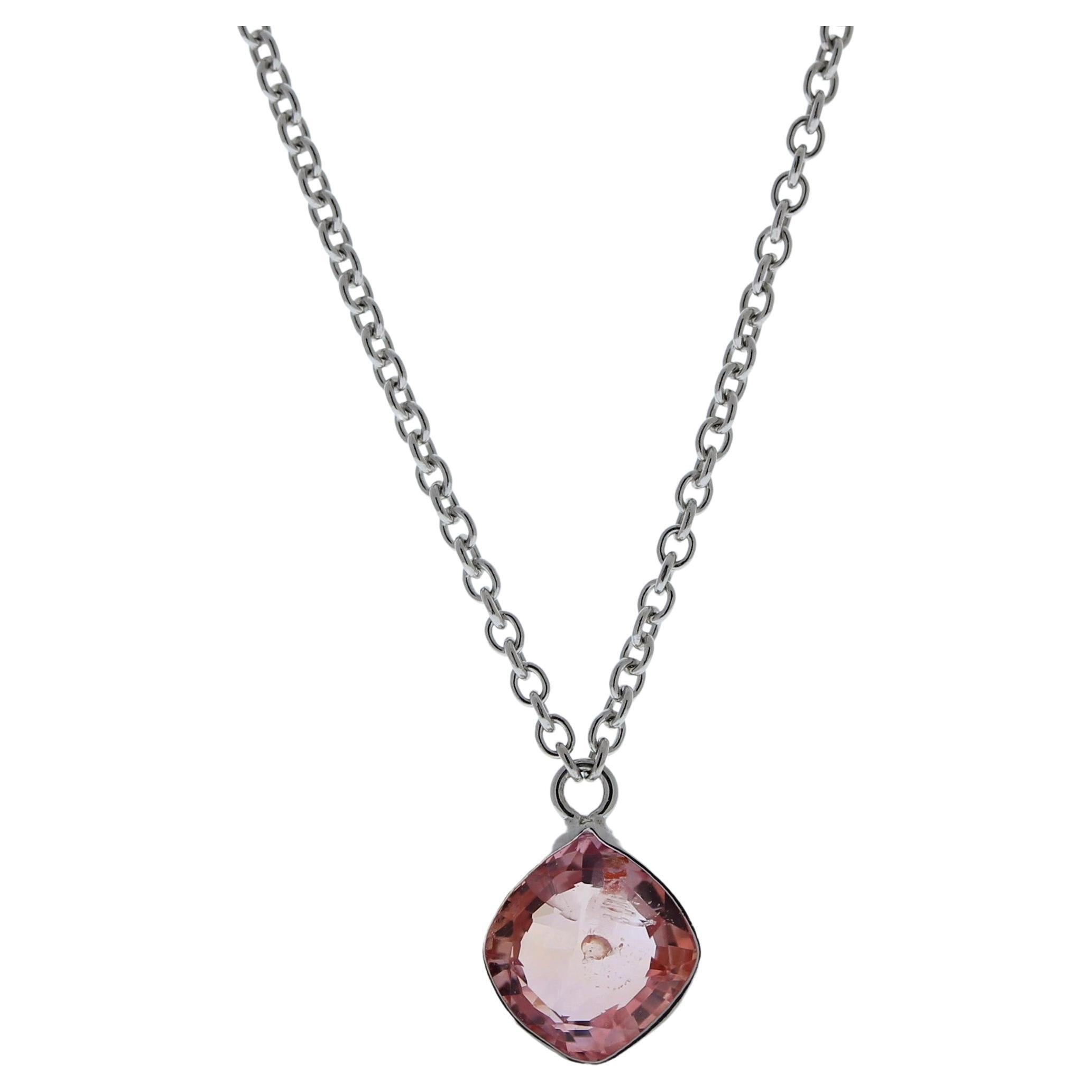 1.39 Carat Cushion Padparadschah Pink Fashion Necklaces In 14k White Gold For Sale