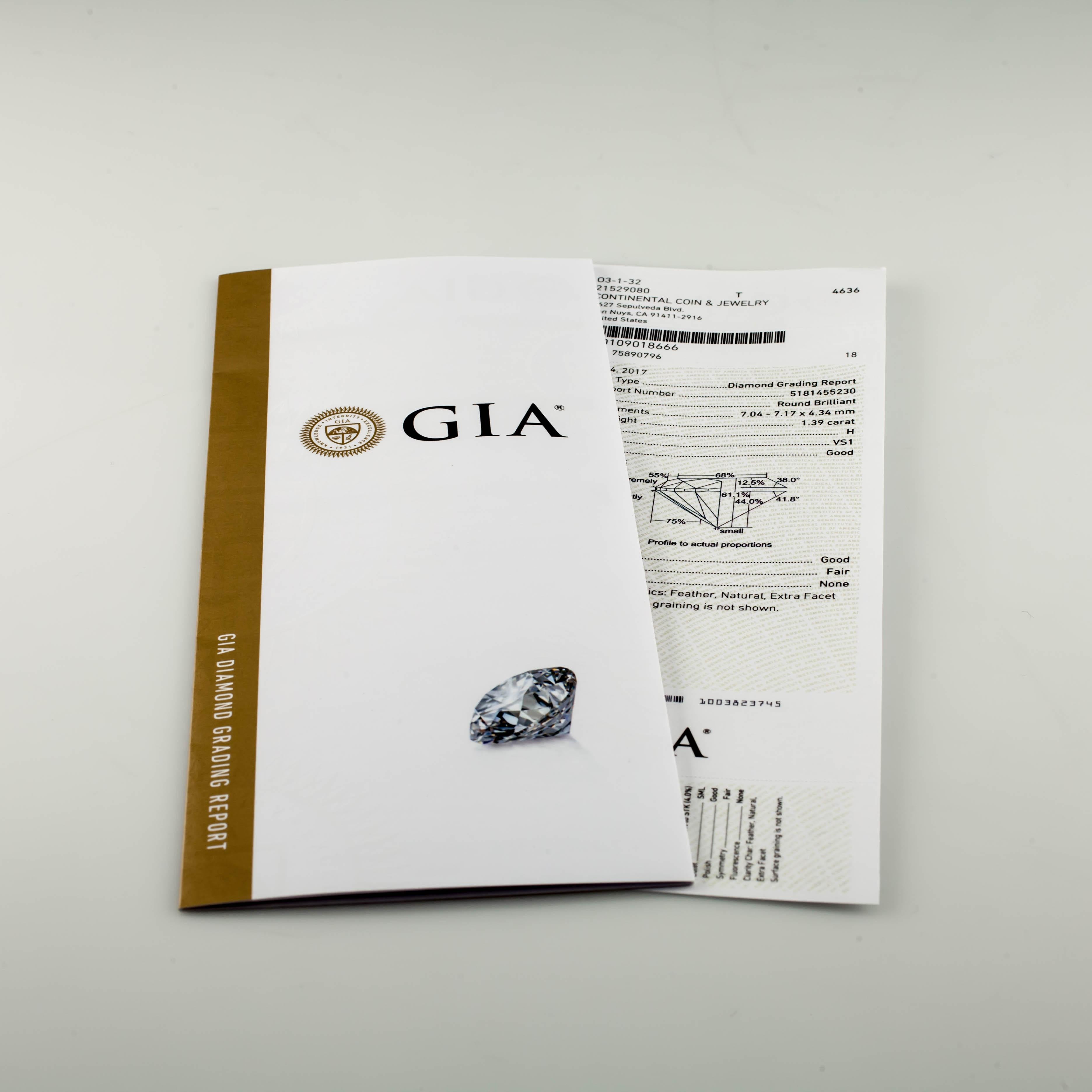 1.39 Carat Loose H / VS1 Round Brilliant Cut Diamond GIA Certified For Sale 2