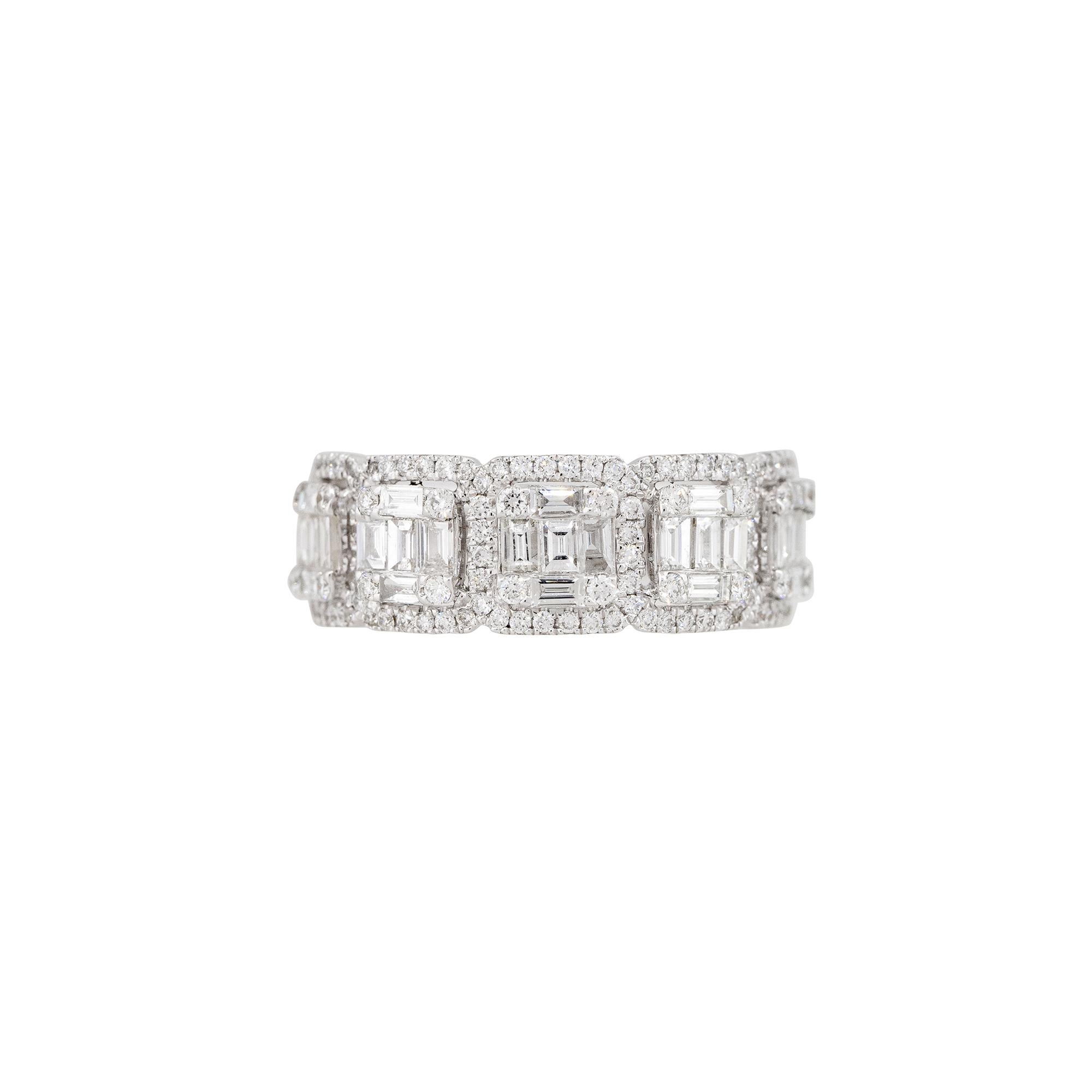 18k White Gold 1.39ctw Mosaic Diamond 5 Station Ring

Product: 5-Station Mosaic Diamond Band
Material: 18k White Gold
Diamond Details: There are approximately 0.88 carats of Baguette cut diamonds (25 stones) and approximately 0.51 carats of Round