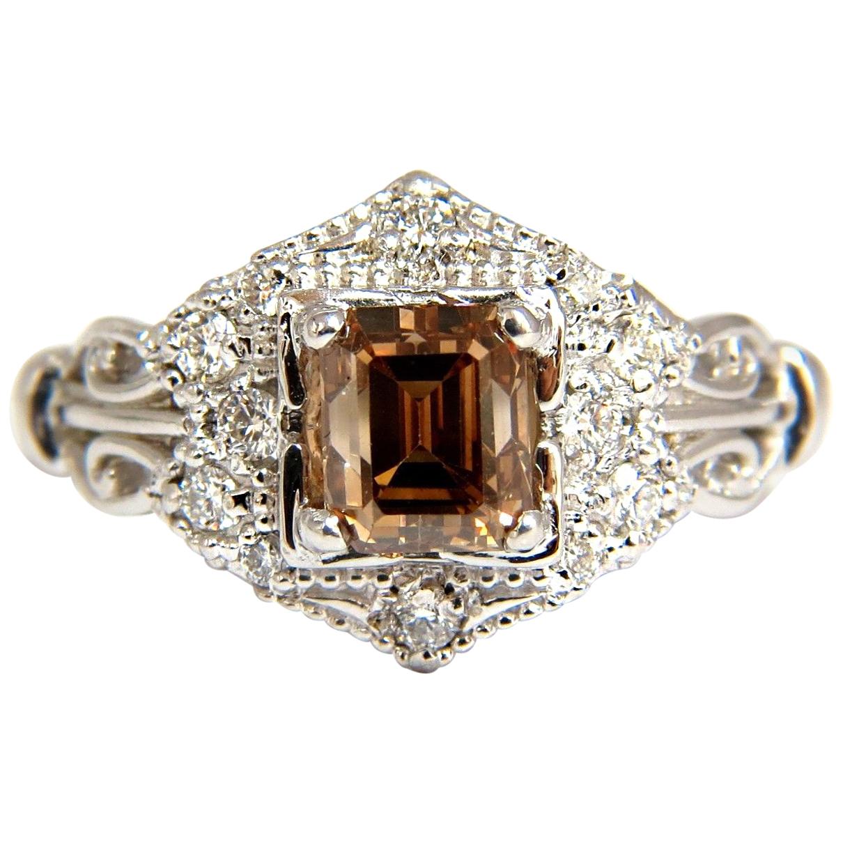1.39 Carat Natural Fancy Brown Emerald Cut Diamond Ring VS2 Victorian Deco For Sale