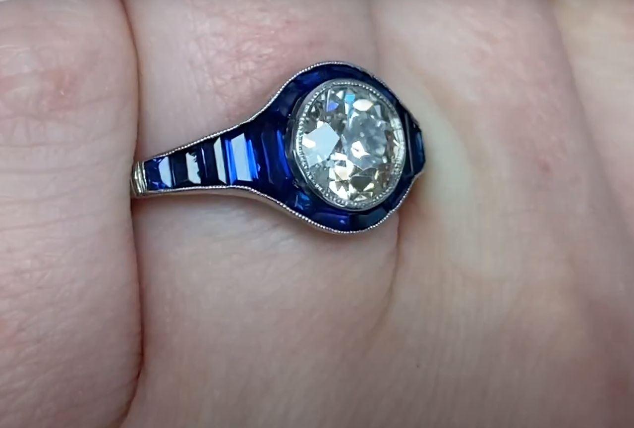 1.39 Carat Old-Euro Cut Diamond Engagement Ring, Sapphire Halo In Excellent Condition In New York, NY