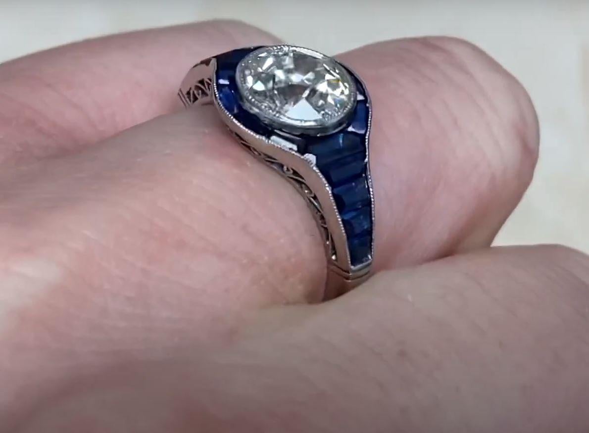 Women's 1.39 Carat Old-Euro Cut Diamond Engagement Ring, Sapphire Halo