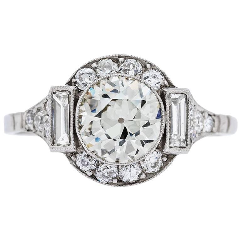1.39 Carat Old European Cut Diamond Platinum Engagement Ring