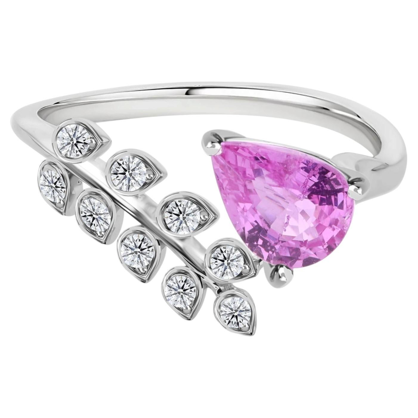 For Sale:  1.39 Carat Pink Sapphire 0.19 Ct SI/H Diamond Leaf Ring 18k White Gold Jewelry
