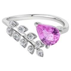 1.39 Carat Pink Sapphire 0.19 Ct SI/H Diamond Leaf Ring 18k White Gold Jewelry