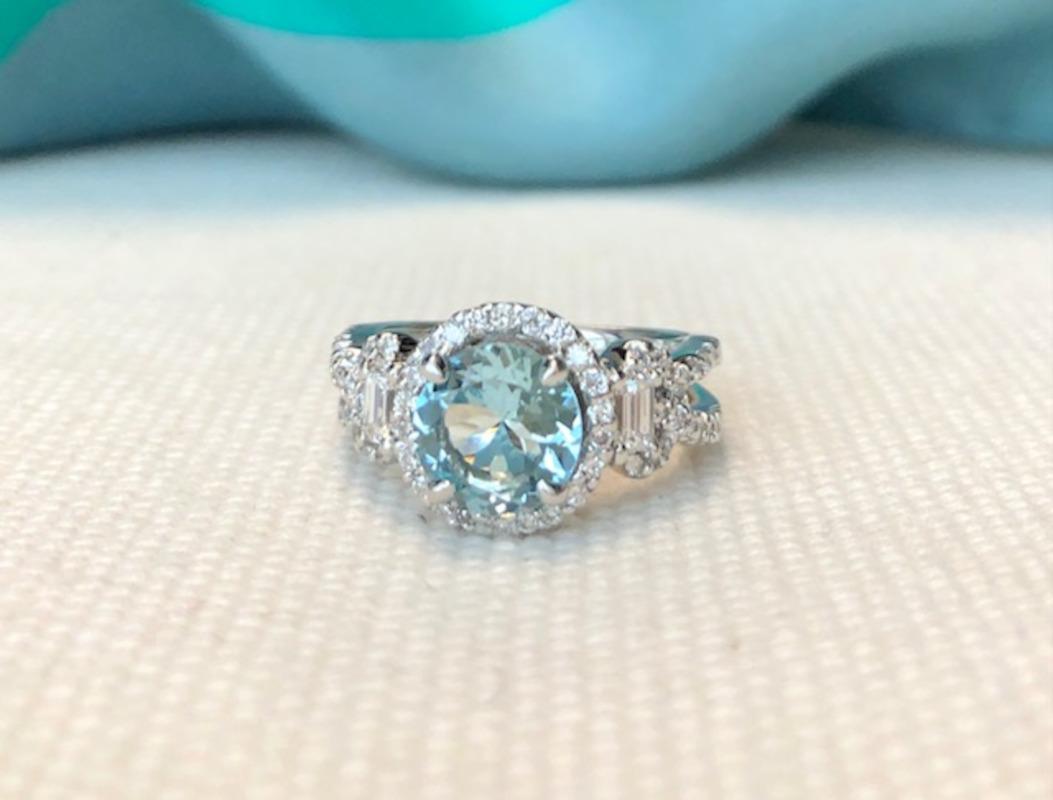 1.39 Carat Round Aquamarine Diamond Halo White Gold Cocktail Ring 4