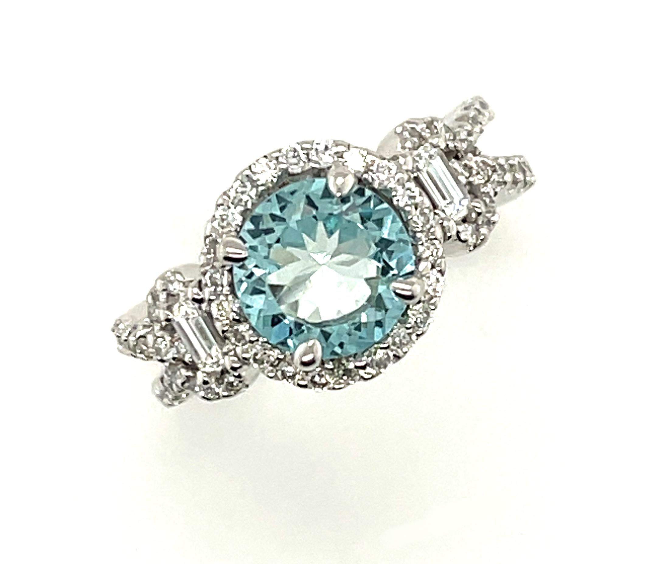 Women's 1.39 Carat Round Aquamarine Diamond Halo White Gold Cocktail Ring