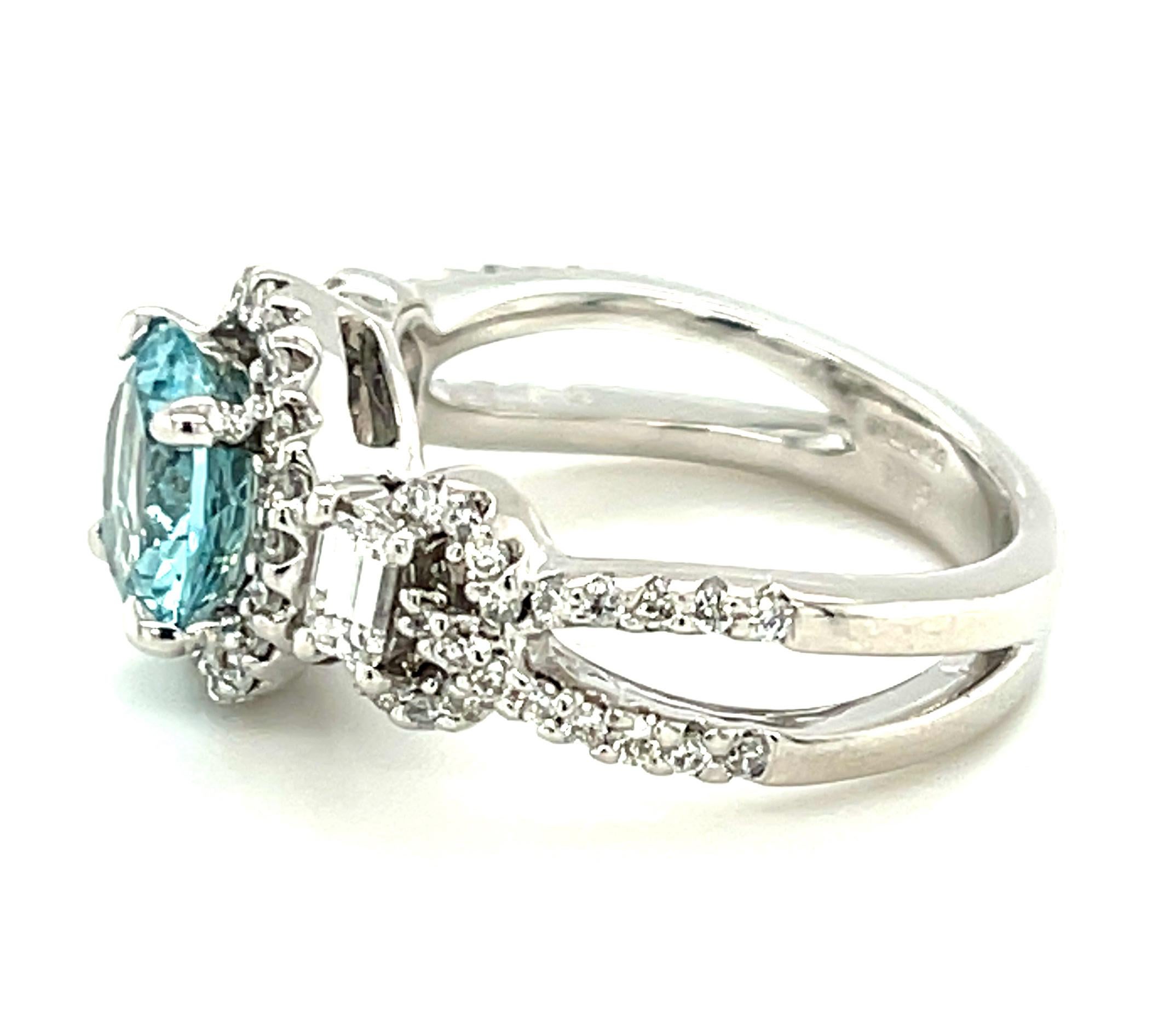 1.39 Carat Round Aquamarine Diamond Halo White Gold Cocktail Ring 1