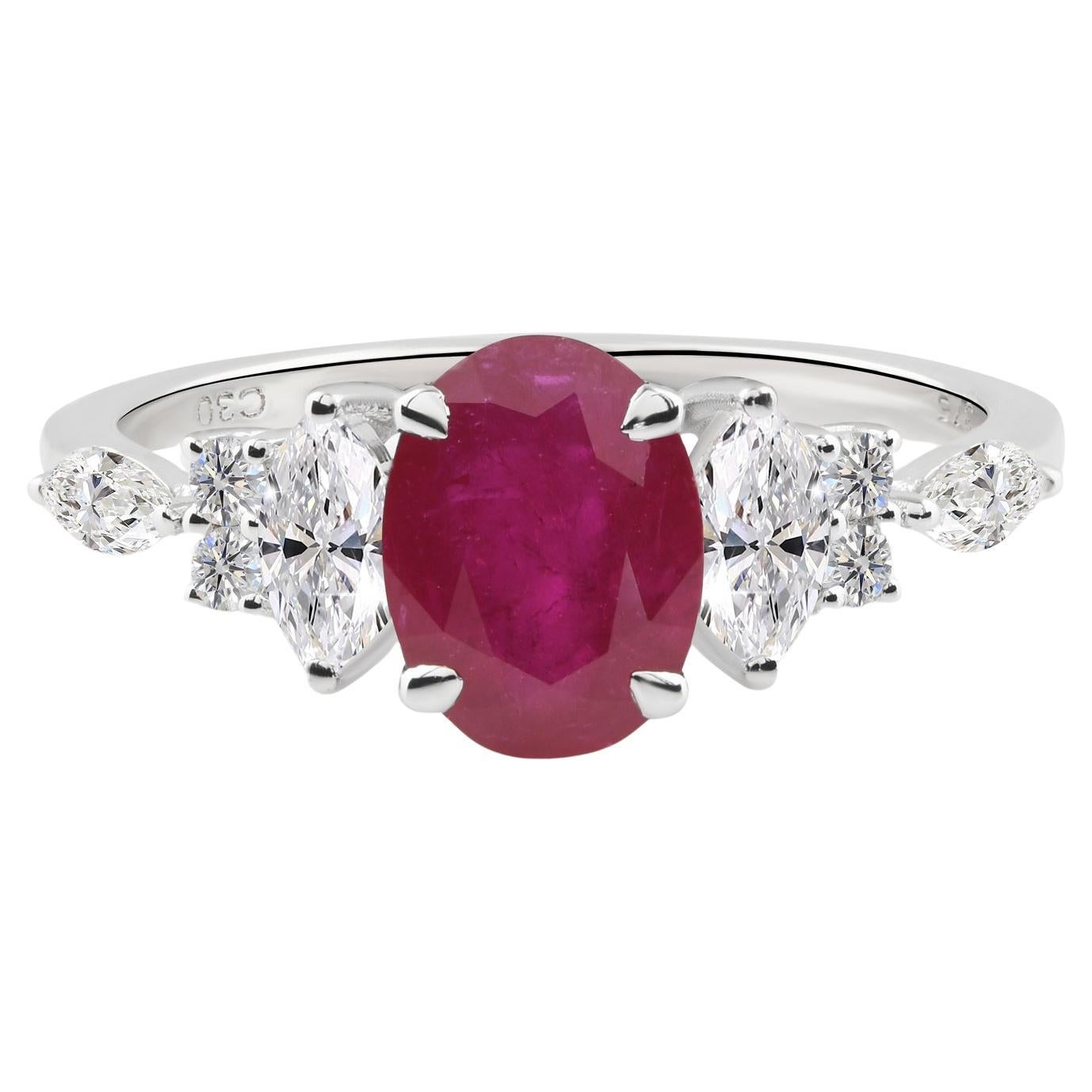 1,39 Karat Rubin Edelstein 0,55 Karat SI/H Diamant Ring 9 Karat Weißgold Schmuck