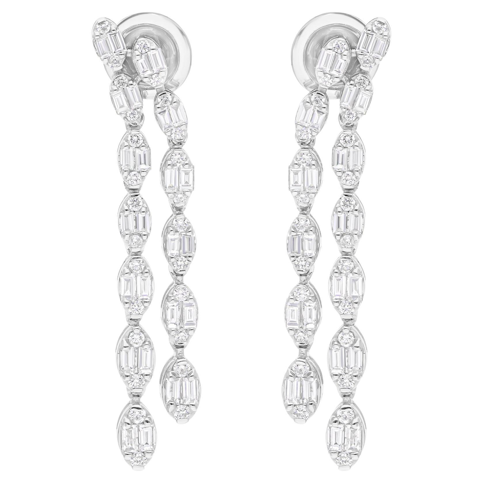 1.39 Carat SI/H Baguette Diamond Earrings 18 Karat White Gold Handmade Jewelry