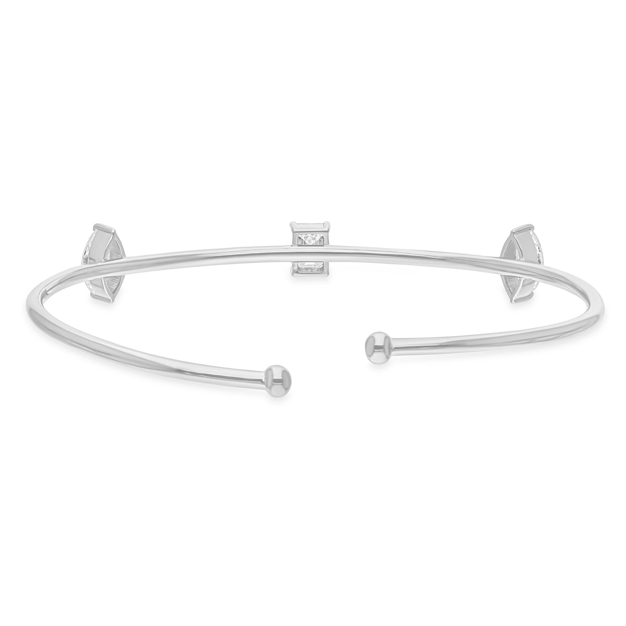 Marquise Cut 1.39 Carat SI/H Marquise Emerald Cut Diamond Cuff Bangle Bracelet 14k White Gold For Sale