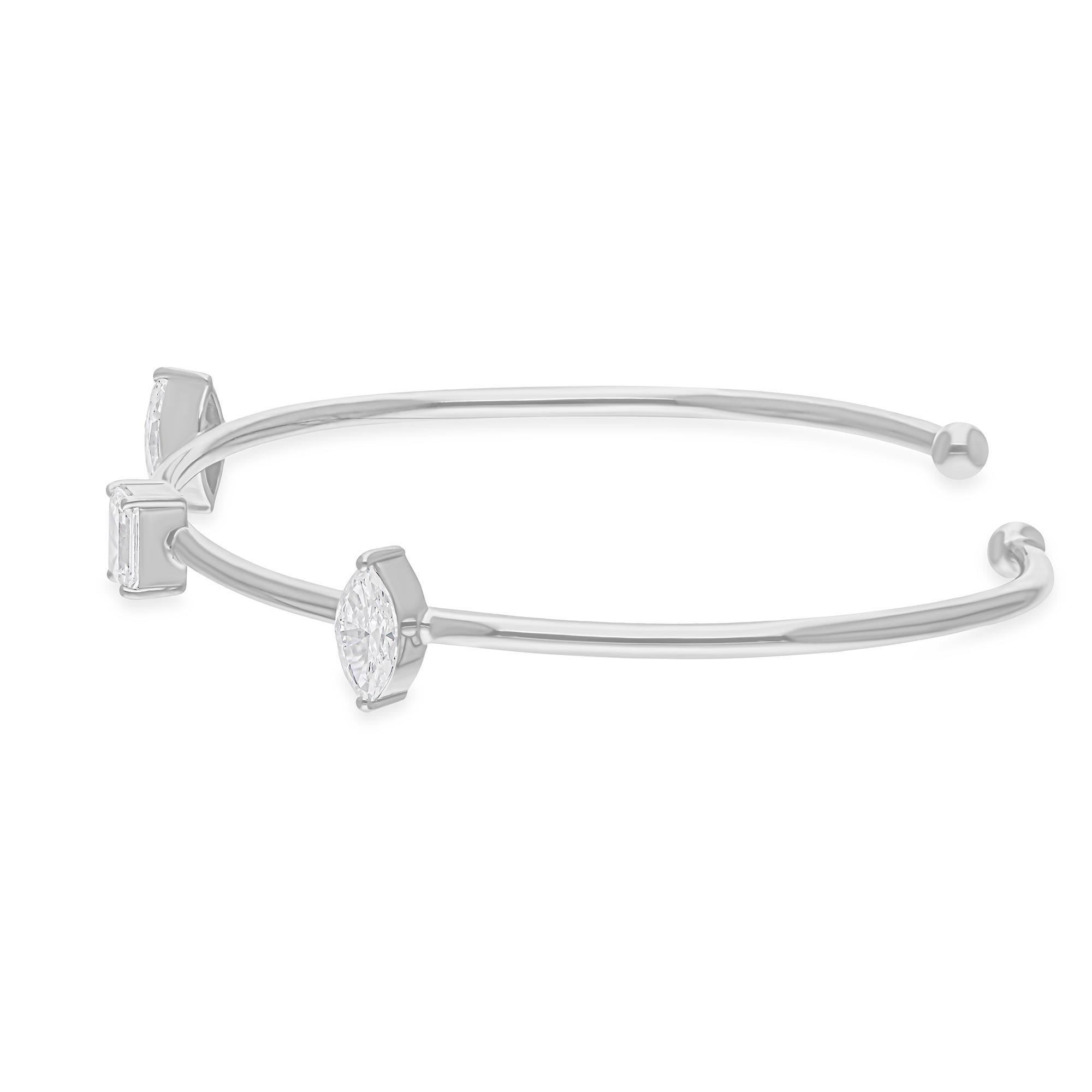 1.39 Carat SI/H Marquise Emerald Cut Diamond Cuff Bangle Bracelet 14k White Gold In New Condition For Sale In Diera, Dubai