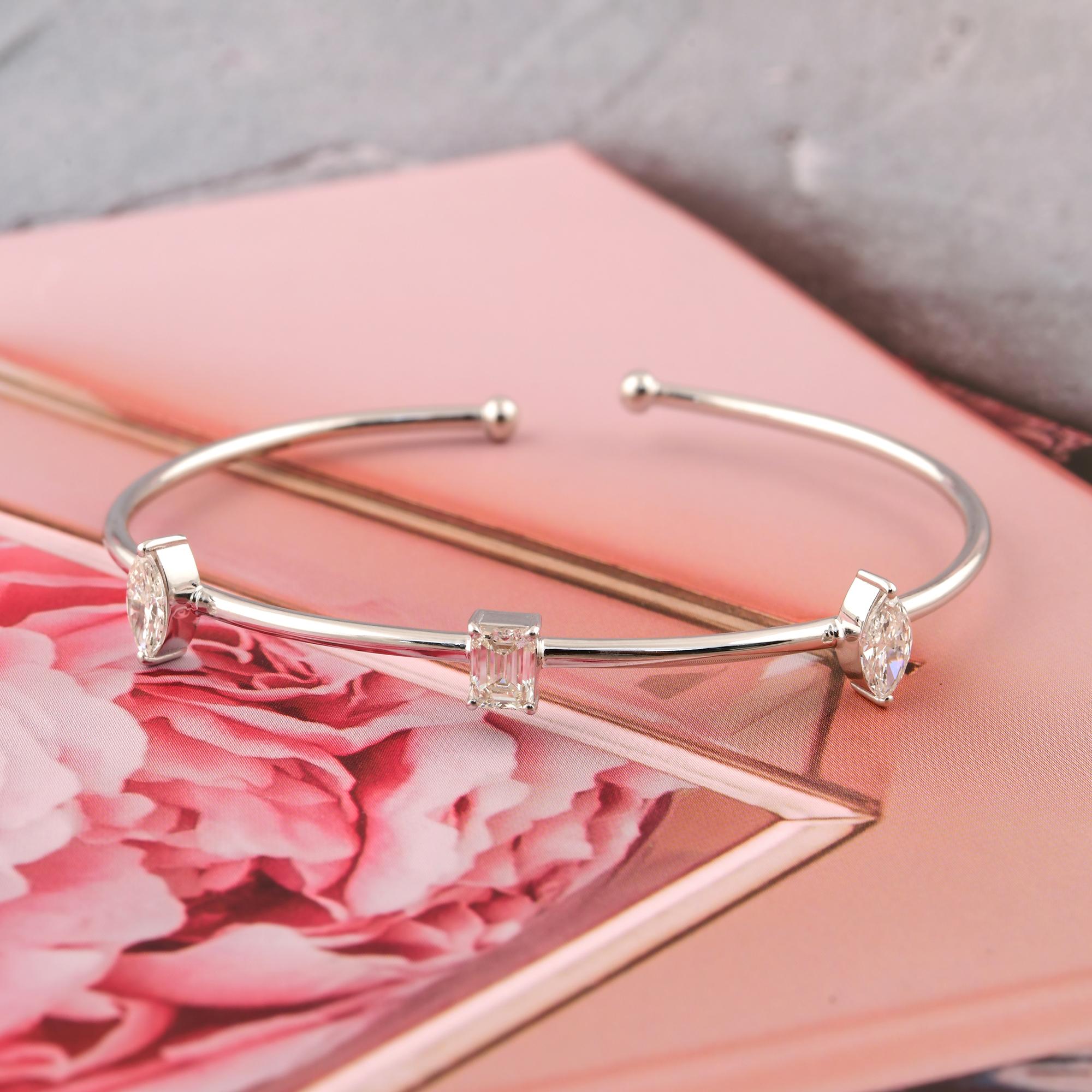 Modern 1.39 Carat SI/H Marquise Emerald Cut Diamond Cuff Bangle Bracelet 18k White Gold For Sale