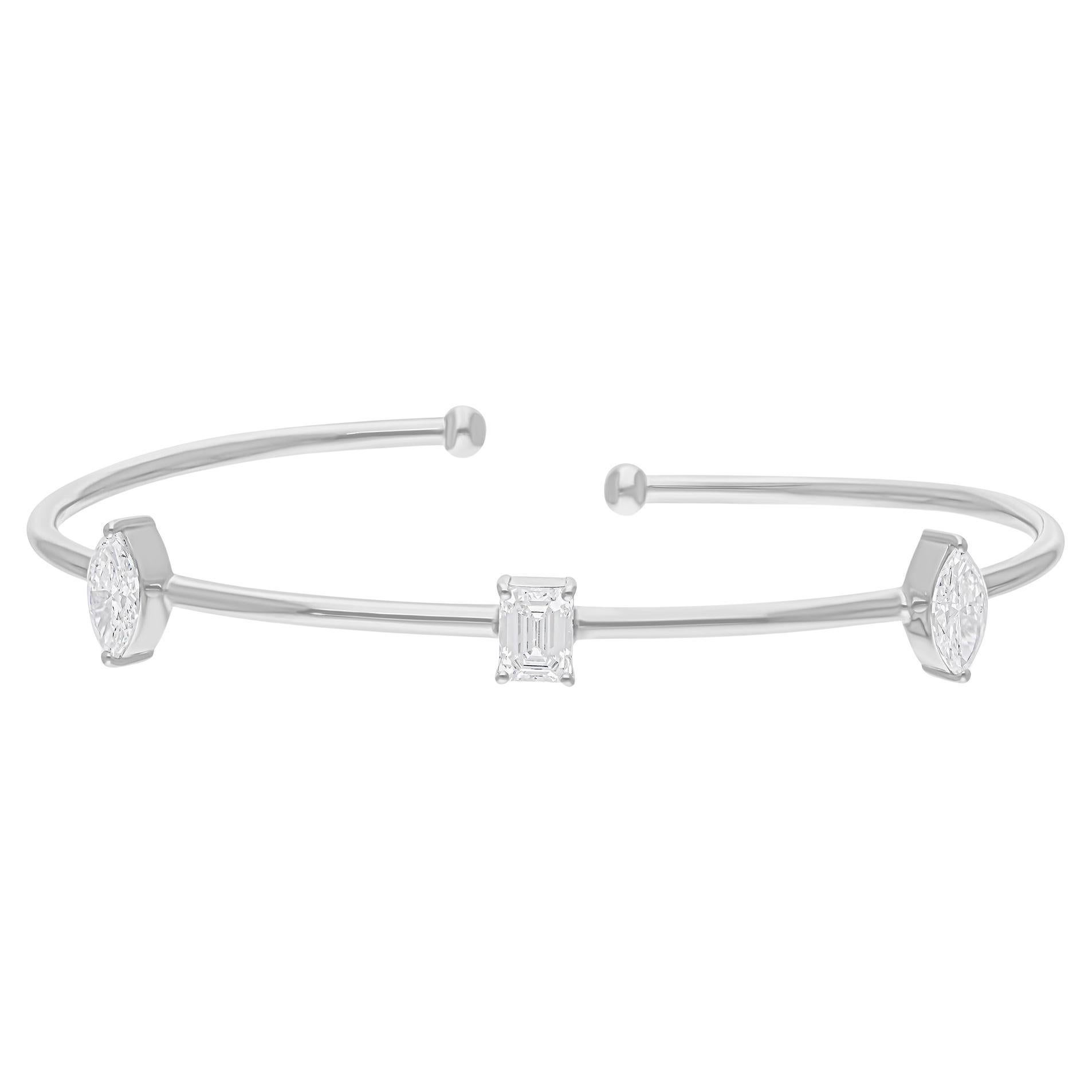 Bracelet manchette jonc en or blanc 18 carats avec diamants taille émeraude marquise de 1,39 carat SI/H