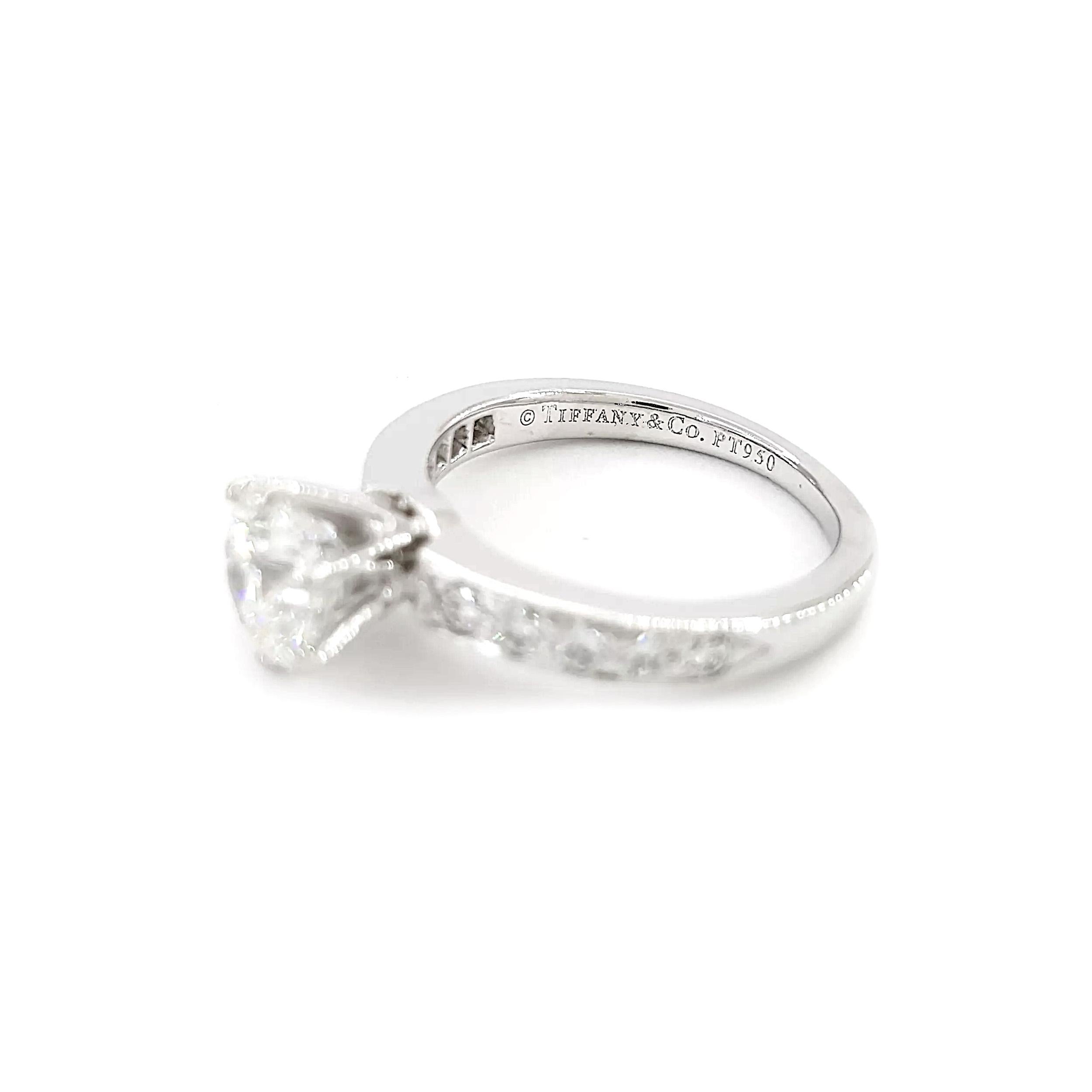 1.39 Carat Tiffany & Co Platinum Bead Set Round Diamond Engagement Ring In Excellent Condition For Sale In Chicago, IL