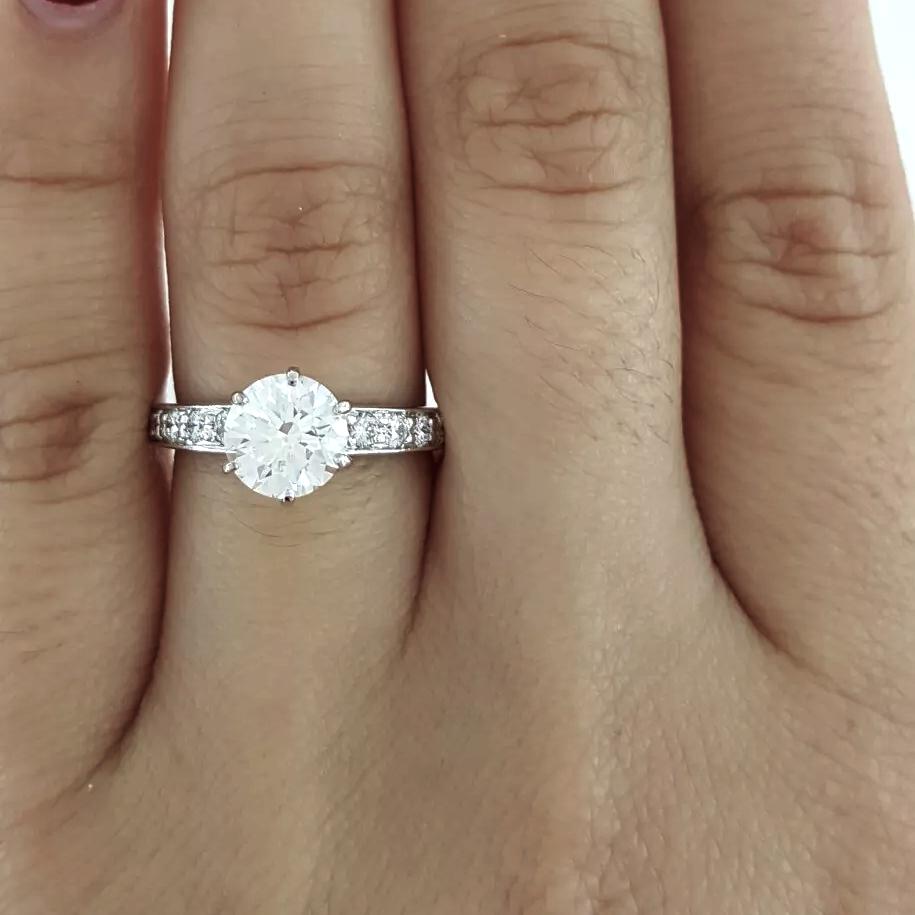 Women's or Men's 1.39 Carat Tiffany & Co Platinum Bead Set Round Diamond Engagement Ring For Sale