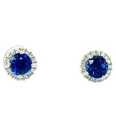 1.39 Carat Total Blue Sapphire and Diamond White Gold Stud Post Earrings