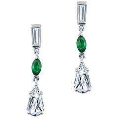 1.39 Carat Total Diamond Weight and 0.28 Carat Marquise Emerald, Dangle Earrings