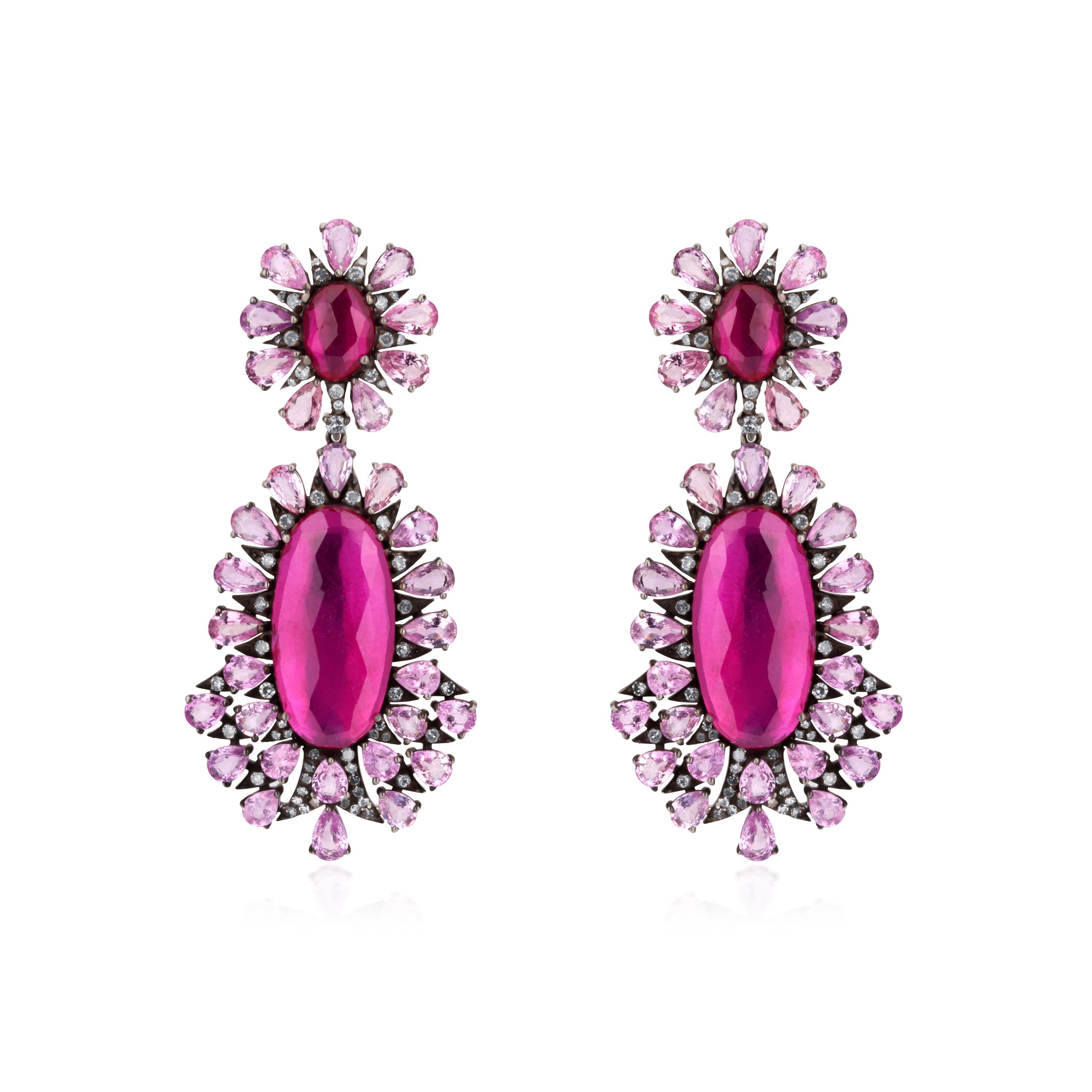 Pear Cut Victorian 30.69 Ct. T.W Ruby, Pink Sapphire & Diamond Dangle Earrings