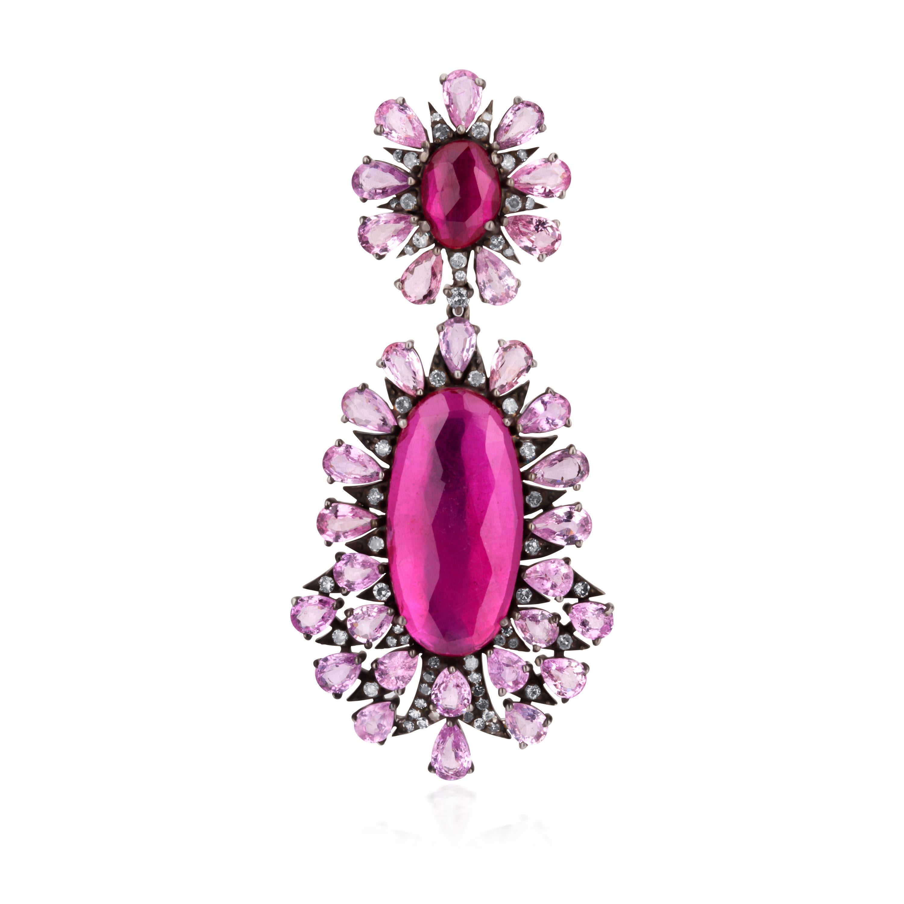 Women's Victorian 30.69 Ct. T.W Ruby, Pink Sapphire & Diamond Dangle Earrings