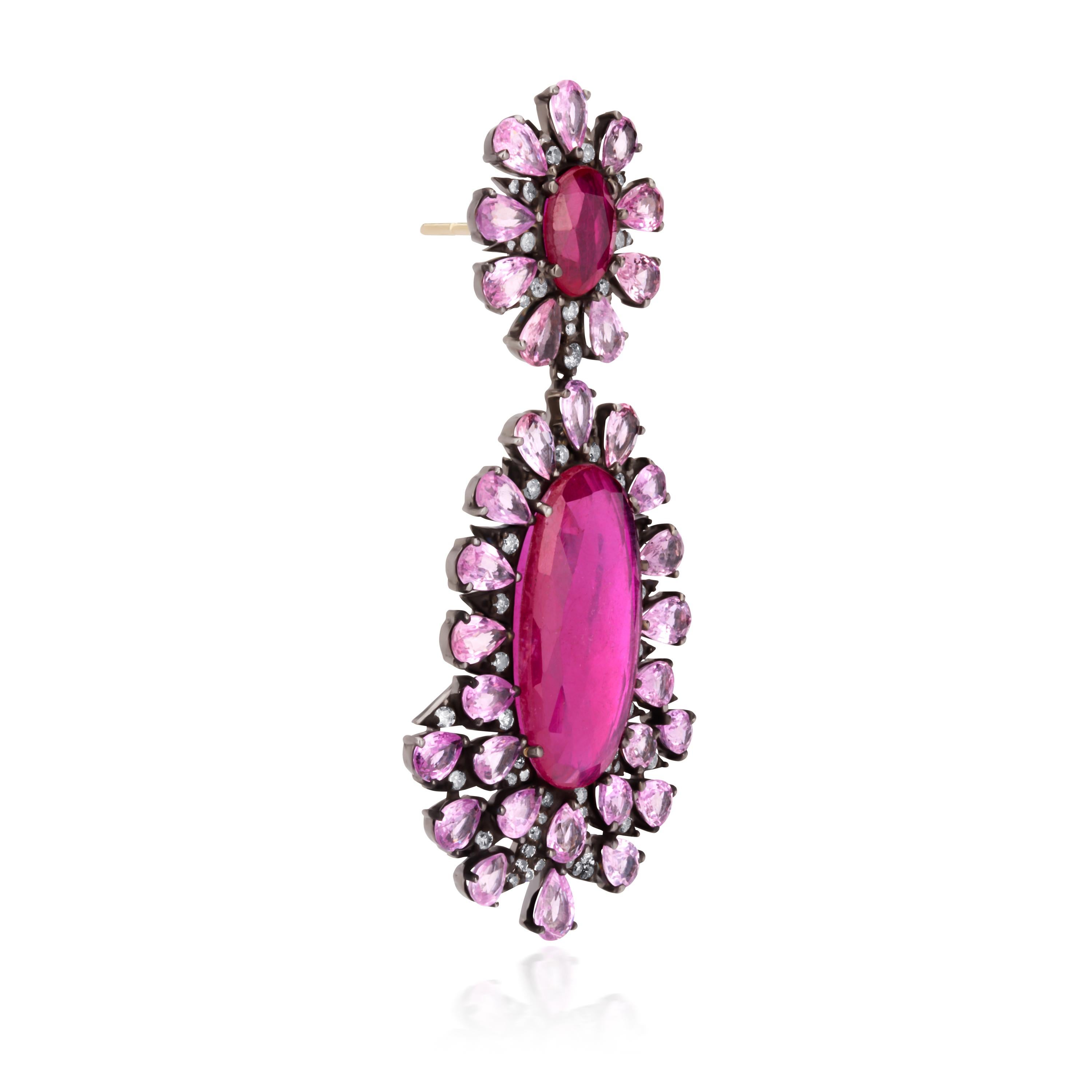Victorian 30.69 Ct. T.W Ruby, Pink Sapphire & Diamond Dangle Earrings 1