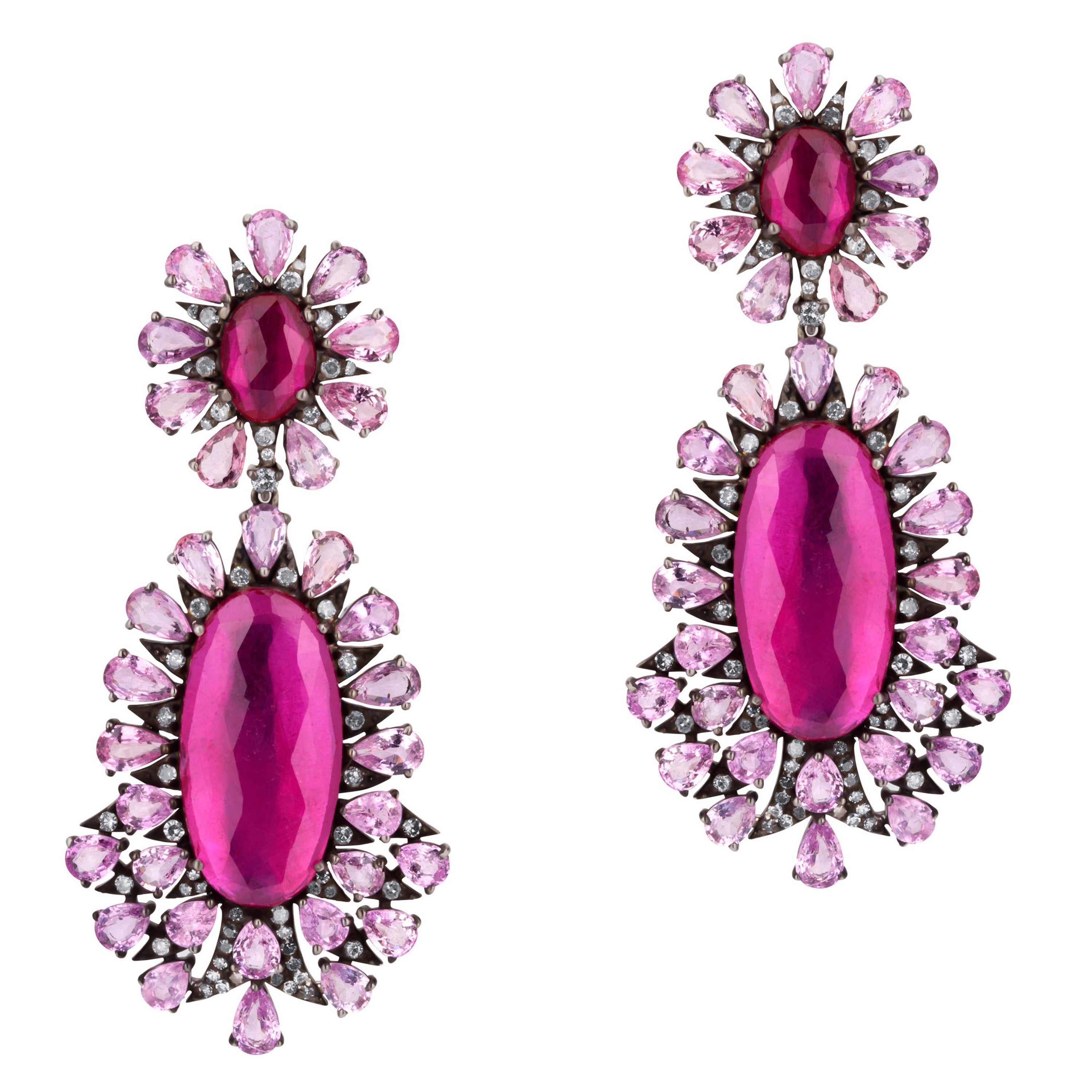 Victorian 30.69 Ct. T.W Ruby, Pink Sapphire & Diamond Dangle Earrings